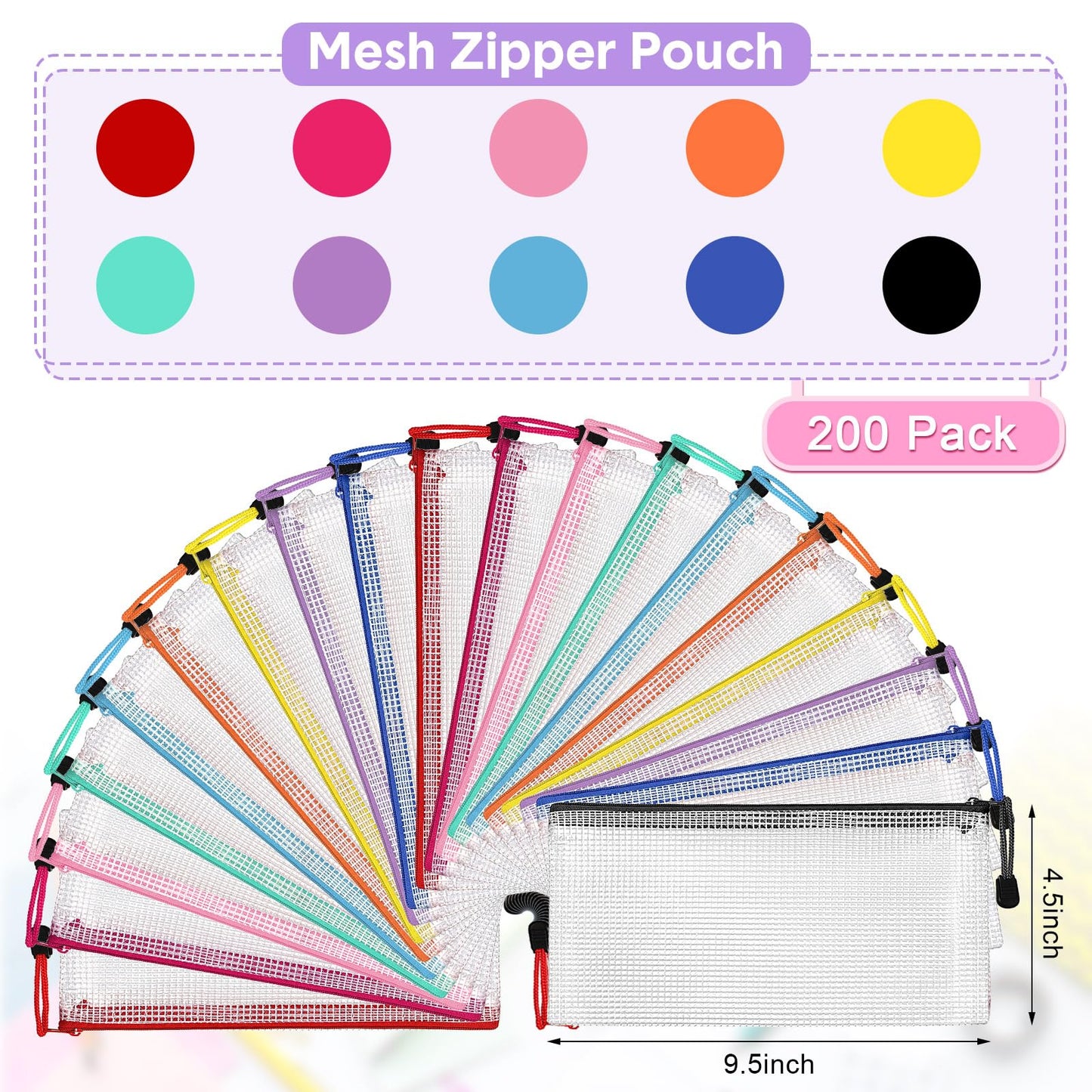 Bokon 200 Pcs 9.45 x 4.5'' Mesh Zipper Pouch Bulk 10 Colors Pencil Pouch Bulk Waterproof Clear File Bags Plastic Pencil Bags for School Travel Cosmetics Office Organizer