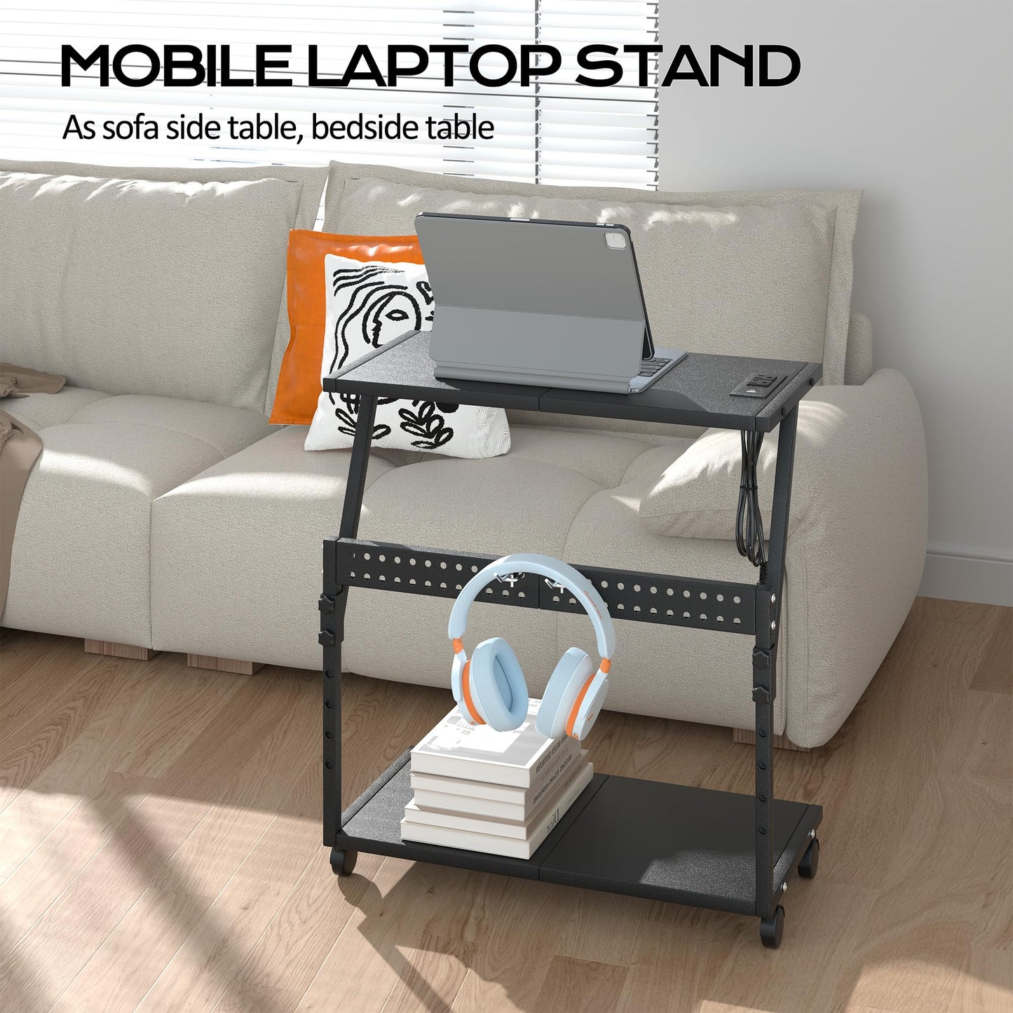 24In Large PC Stand, 5 Levels Height Adjustable Computer Tower Stand with Charging Station, Wheels and Hooks, CPU Holder Cart for Floor, Carpet and Under Desk, Easy Assembly（with Power Strips）