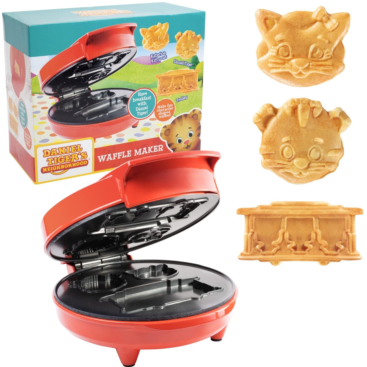 Daniel Tiger's Neighborhood Waffle Maker -Electric Nonstick Mini Waffle Iron for Kids, Makes 3D Character Waffles & Pancakes (Daniel Tiger, Katerina Kittycat, Trolley), Fun Breakfast Kitchen Appliance