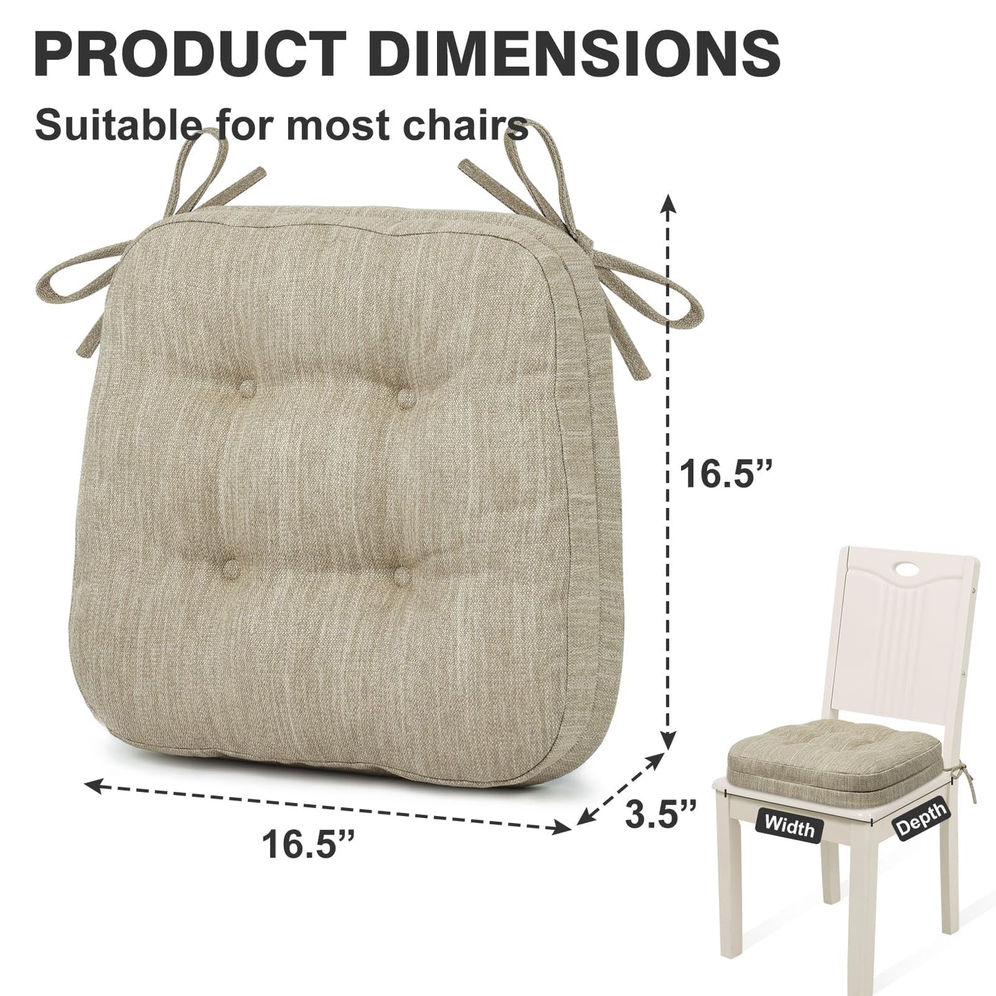 Shinnwa Dining Chair Cushions Set of 4, Dual-Layer Memory Foam Kitchen Chair Cushions, Patented Design Seat Pads with Ties, 16.5 x 16.5 x 3.5in, 4 Pack, Beige