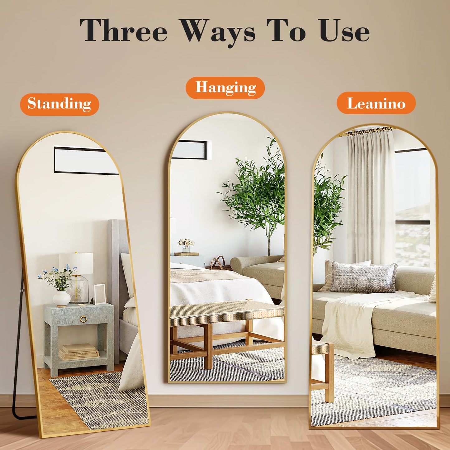 DUMOS 64"x21" Arched Full Length Floor Mirror, Full Body Mirror with Stand, Shatterproof Tempered Glass, Modern Aluminum Alloy Frame, Free Standing or Leaning for Home Decor, Gold