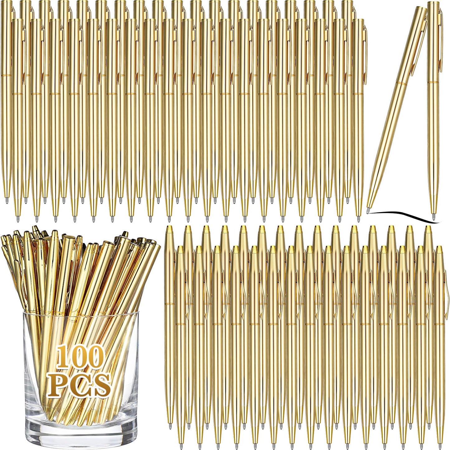 Fuutreo 100 Pack Gold Pens Bulk Gold Metal Slim Ballpoint Pens Retractable Black Ink 1.0 mm Ballpoint for Wedding Business Office Writing Supplies