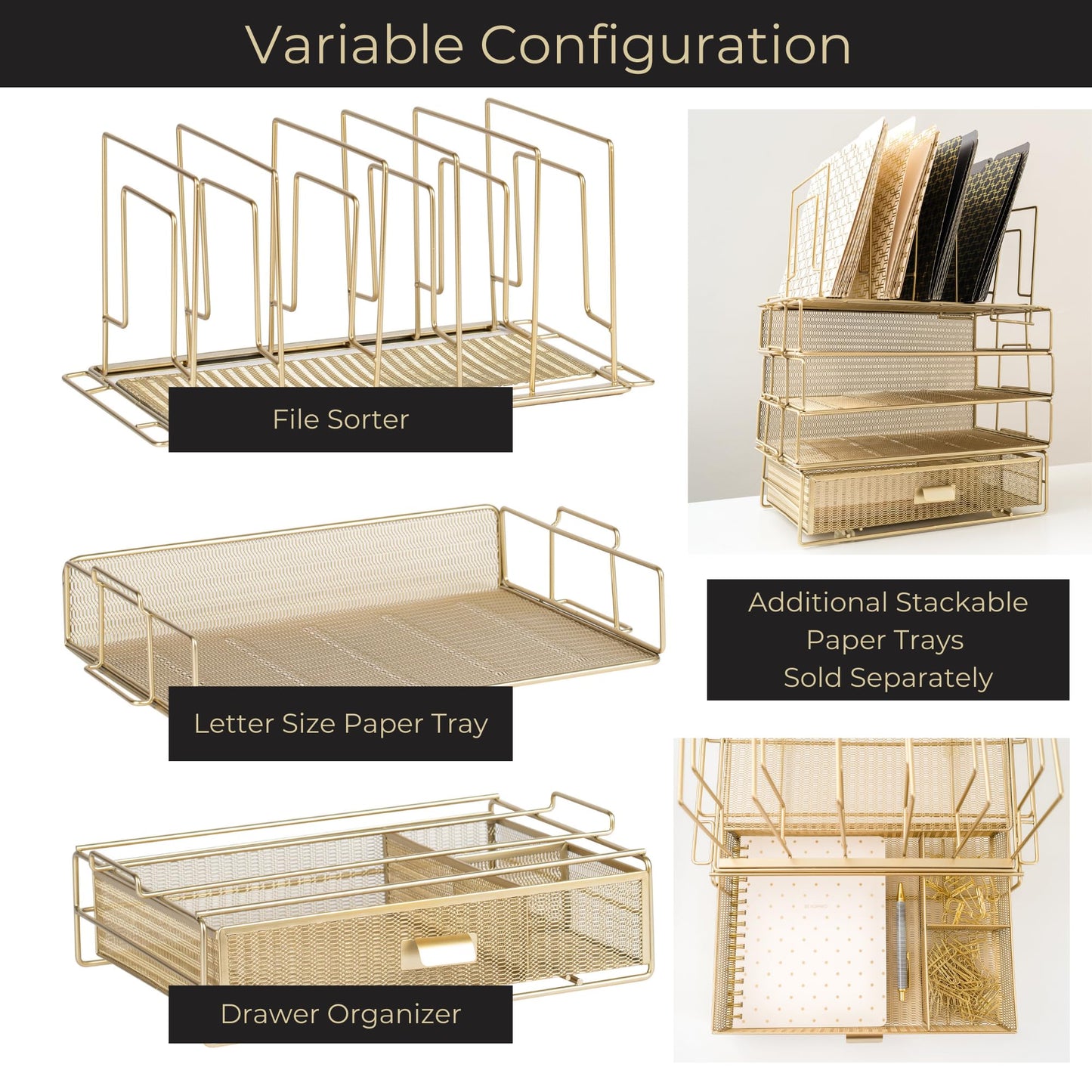 BLU MONACO | Gold Desk Organizer Set with Detachable File Organizer, Stackable Paper Tray & Storage Drawer | Stylish Gold Desk Accessories for Women & Office Organization