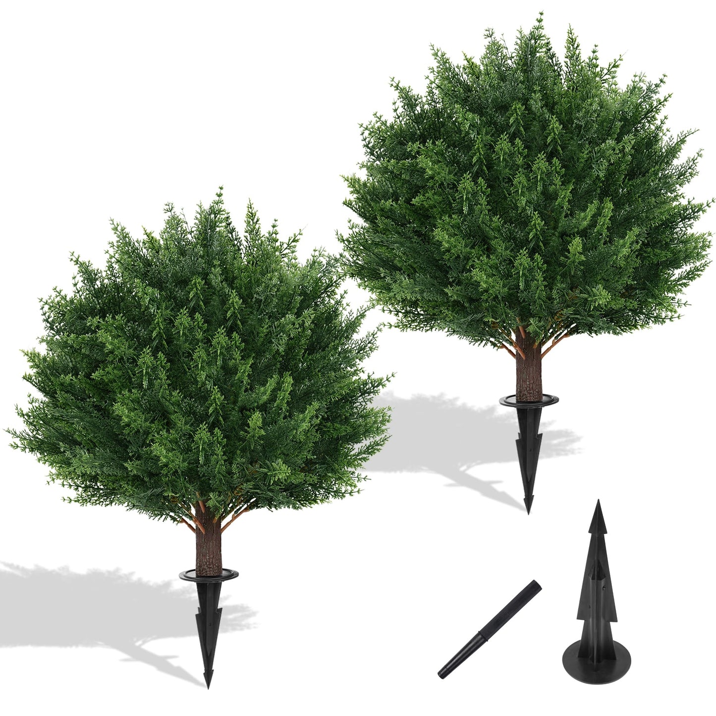 Yangrass Artificial Set of 2 Cedar Topiary Ball Trees 23" for Outdoors with Ground Spike, UV Resistant Faux Cypress Plants, Evergreen Shrubs Bushes for Front Porch Garden Backyard Decor