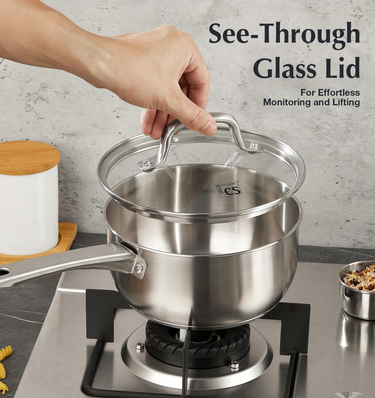KOCH SYSTEME CS Stainless Steel Saucepan Set, 1QT & 2QT & 3QT Sauce Pan, Premium 18/10 Steel Sauce Pan Set, Induction Saucepans, Stainless Steel Pot Set 6 Piece, Easy to Clean, Oven Safe