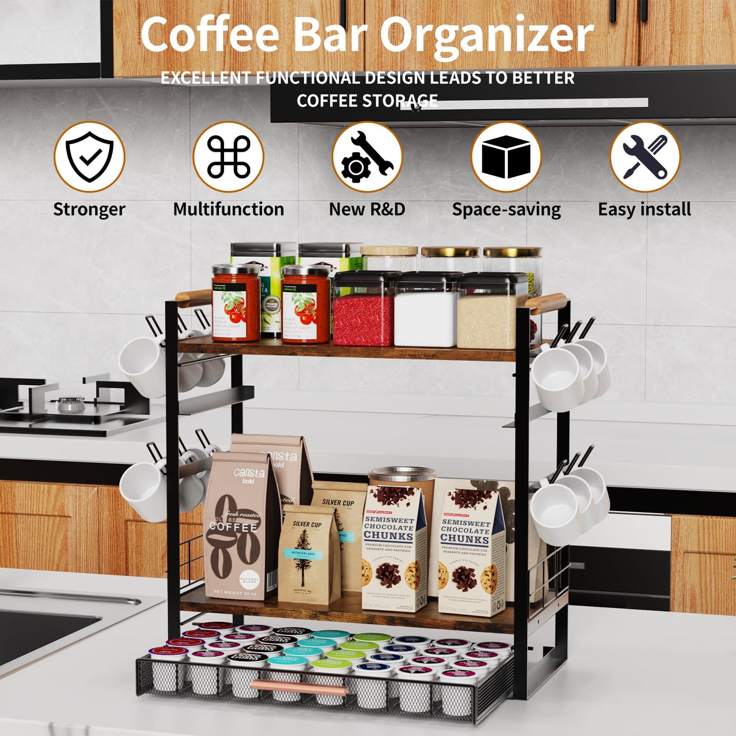 Coffee Bar Station Organizer for Countertop - 32 Pod for K Cup Holder with Drawer and 12 Mug Holder, 3 Tier Coffee Bar Accessories (Black, 3-Tier with 1 drawer)