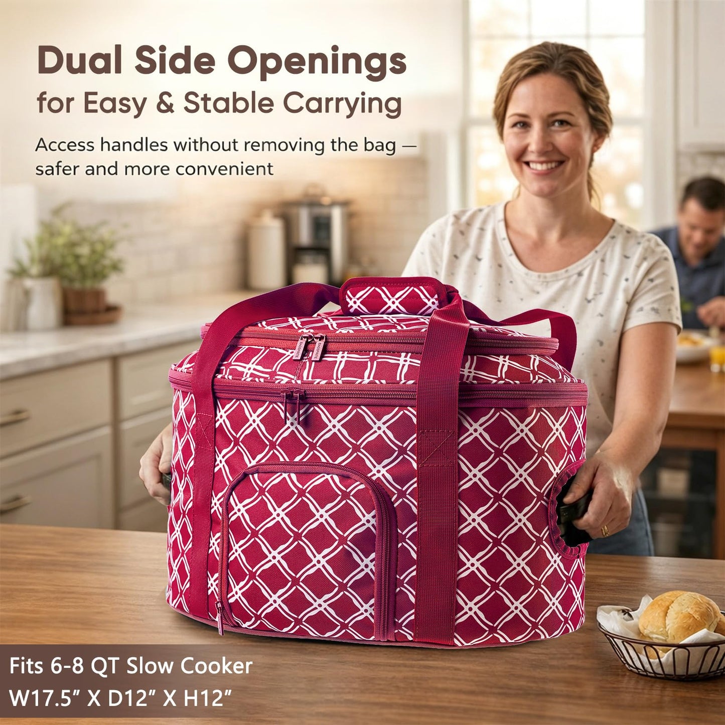 BAGSPRITE Double-layer Slow Cooker Carrying Case for Crock Pot 6-8 Quart, Insulated Crockpot Carrier with Adjustable Lid Straps,Portable Slow Cooker Travel Bag for Potluck, Parties, Family Gatherings