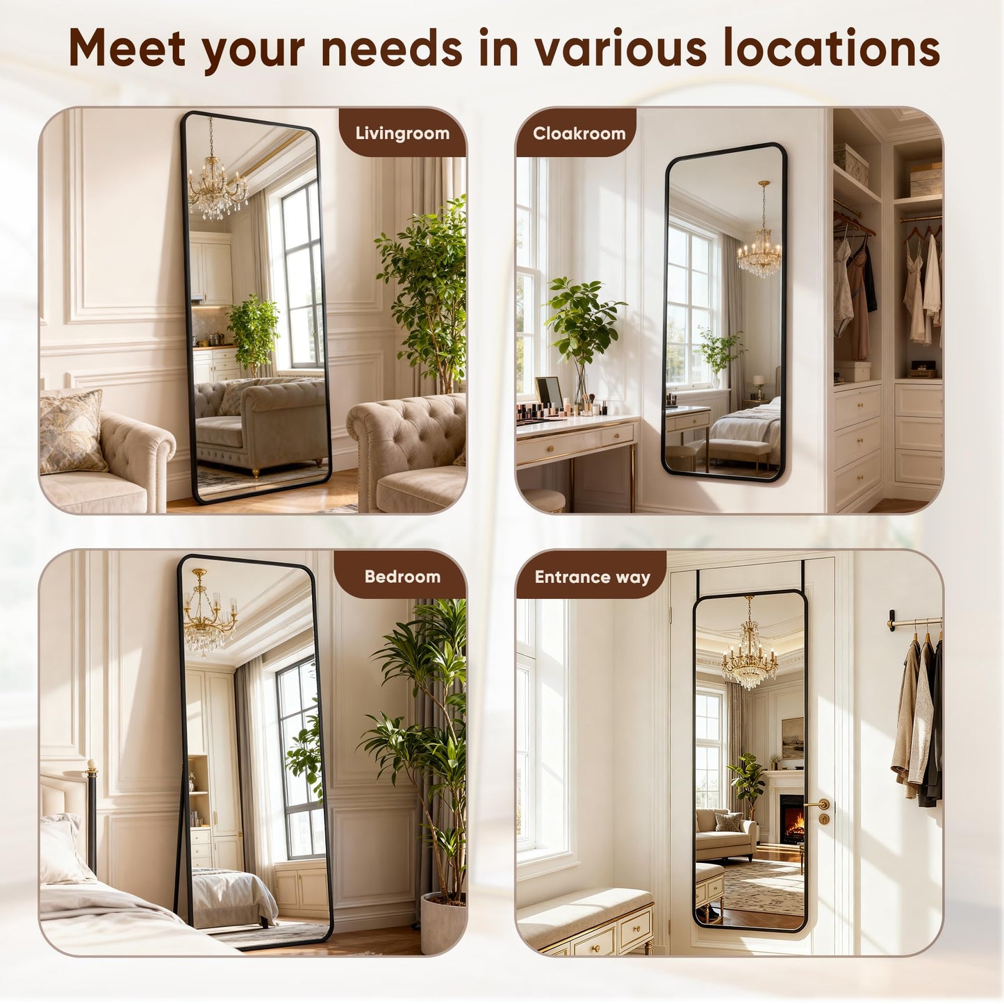 Antok 48''x 14'' Full Length Mirror Over Door, 4-in-1 Standing Leaning Wall Mounted, Adjustable Hanging Mirror for Bedroom Living Room, Black, Rounded Corner