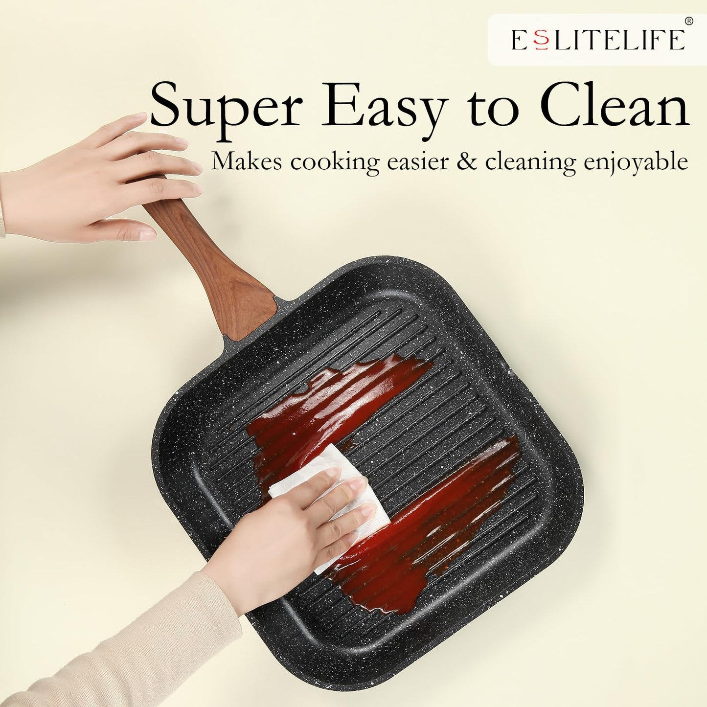 ESLITE LIFE Nonstick Grill Pan with Lid & Tongs for Stove Tops, 11 Inch Versatile Square Big Grilling Skillet Steak Pan with Pour Spouts for Indoor & Outdoor Cooking, PTFE & PFOA Free, Black