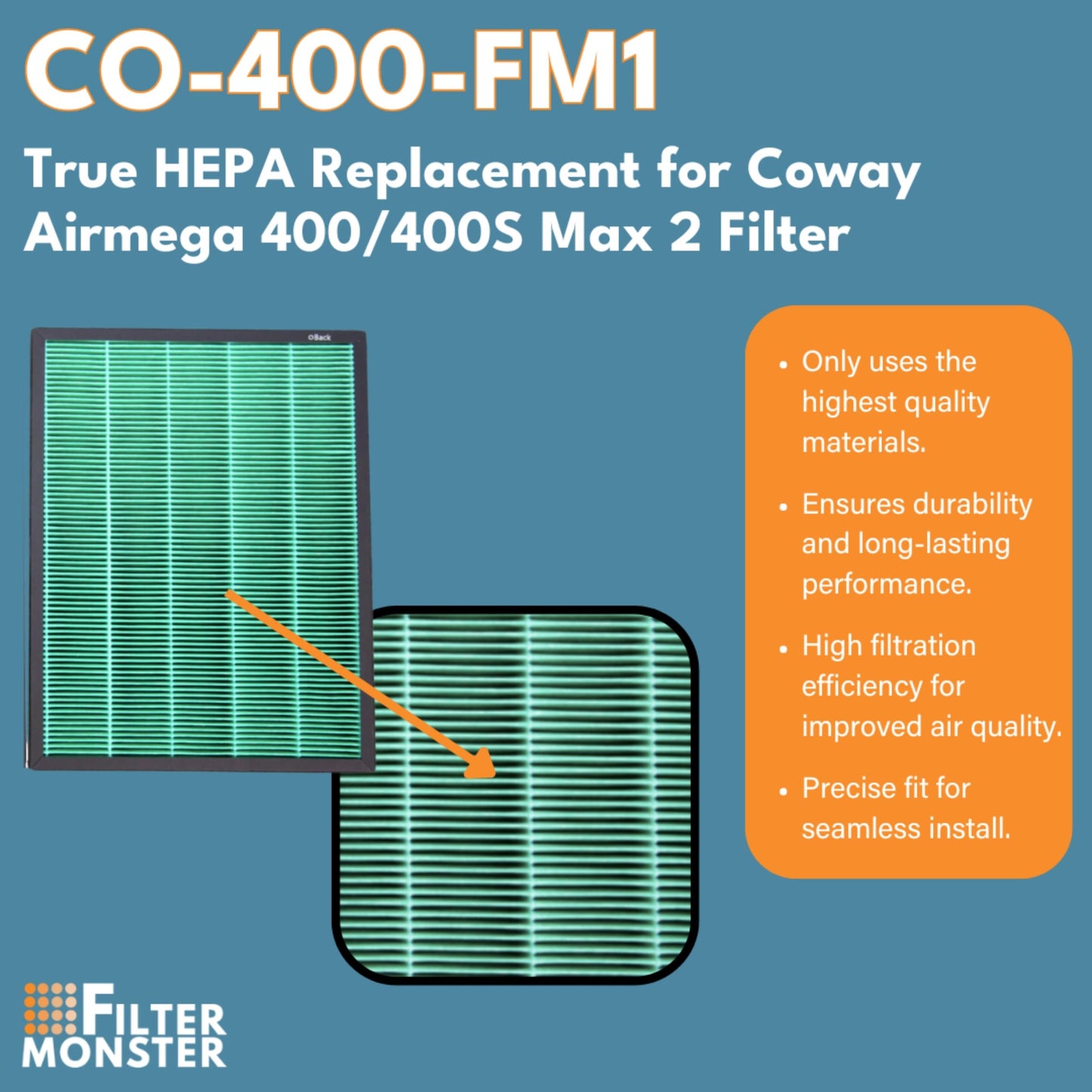 Filter-Monster Replacement with Carbon Filter Set Compatible with Coway Airmega 400/400S Max 2 Filter for Airmega 400 Air Purifier, 2 Pack