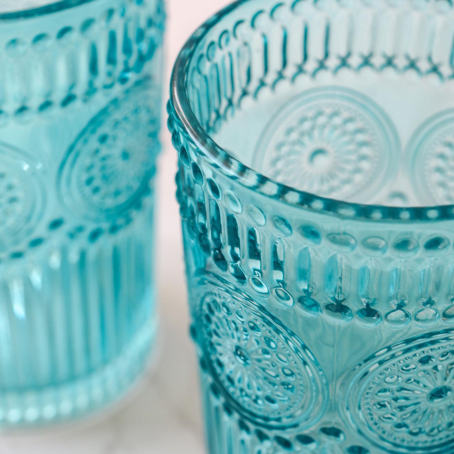 Kate Aspen Vintage Textured Aqua Blue Striped Drinking Glasses Set of 6-13 oz Ribbed Glassware with Flower Design | Cocktail Set, Juice Glass, Water Tumbler
