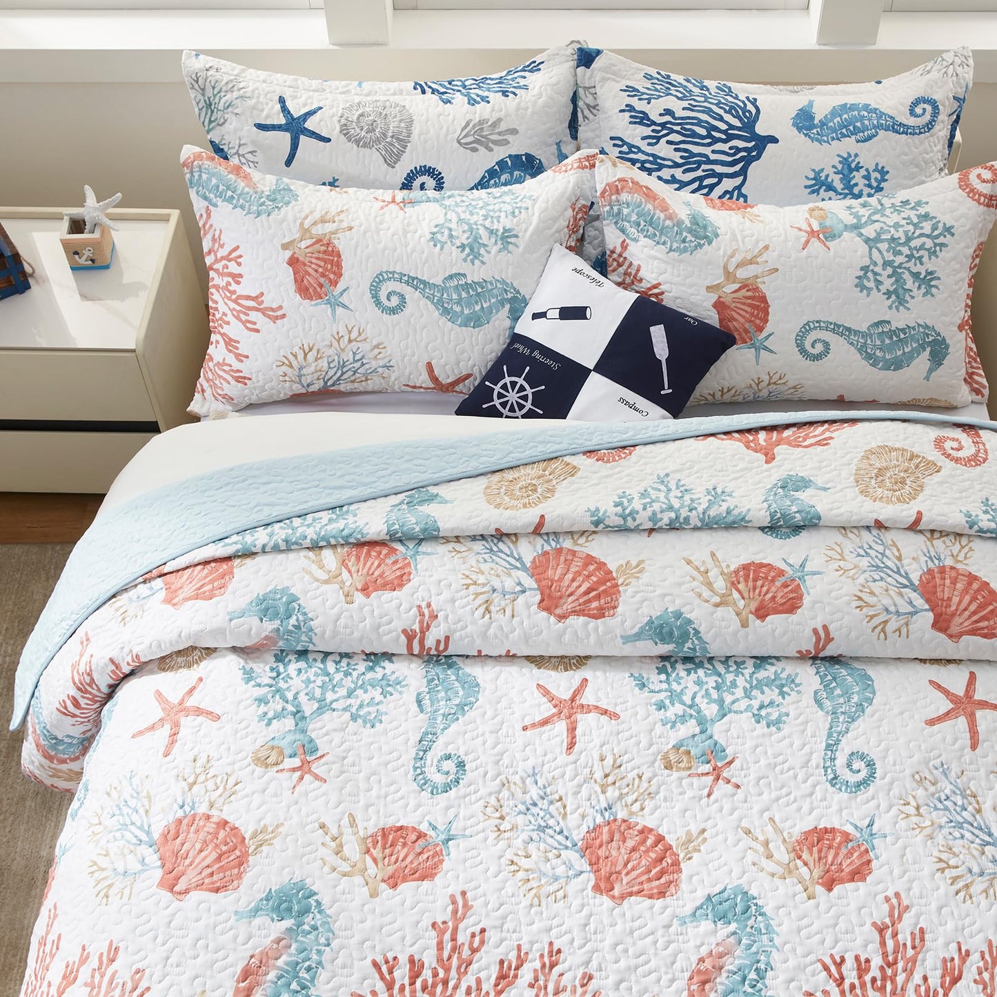 LEAONME Coastal Quilt Set Full/Queen Size - Lightweight Microfiber Reversible Bedspread, 90''x98'', Coral, Includes 2 Shams