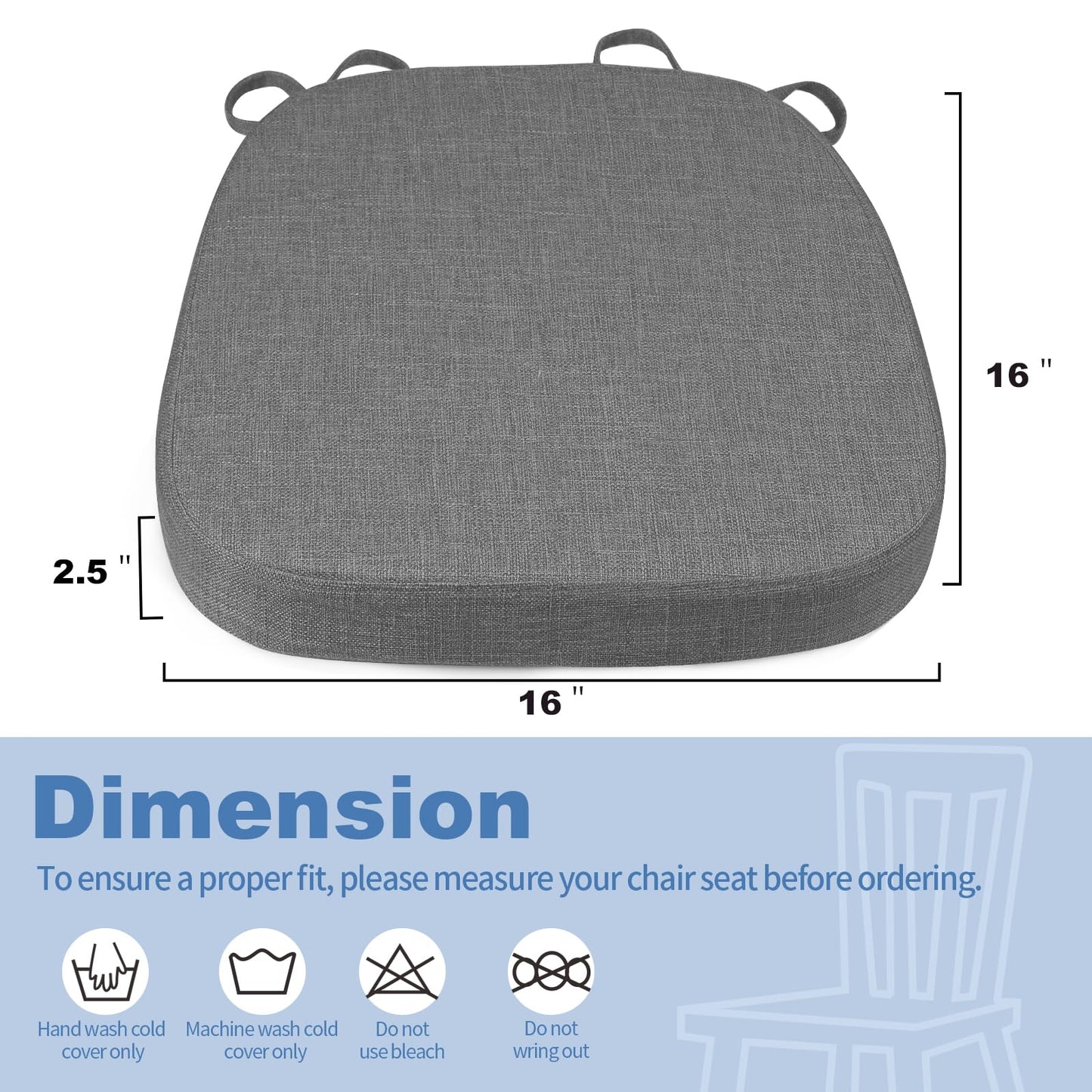 BUYUE Thickened 2.5" Dining Chair Cushions Set of 4, U-Shape High Density Foam Comfortable Chair Pads for Kitchen, Slip Resistant Indoor Seat Cushions (4 PCS, Dark Gray)