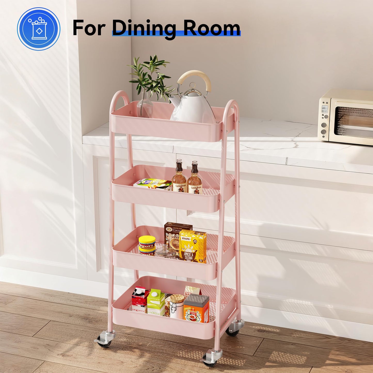 OLIXIS Metal 4 Tiers Utility Rolling Cart, Mobile Storage Shelf with Lockable Caster Wheels, Organization for Livingroom, Bathroom & Narrow Places, 4-Tier Pink