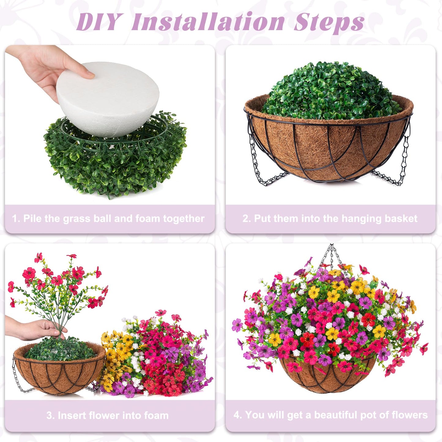 INXUGAO Artificial Silk Flowers Hanging Baskets Outdoors Indoors, Daisy with Eucalyptus Leaves Arrangement for Garden Yard Spring Summer Decor Faux Green Plant Metal Coconut Lining