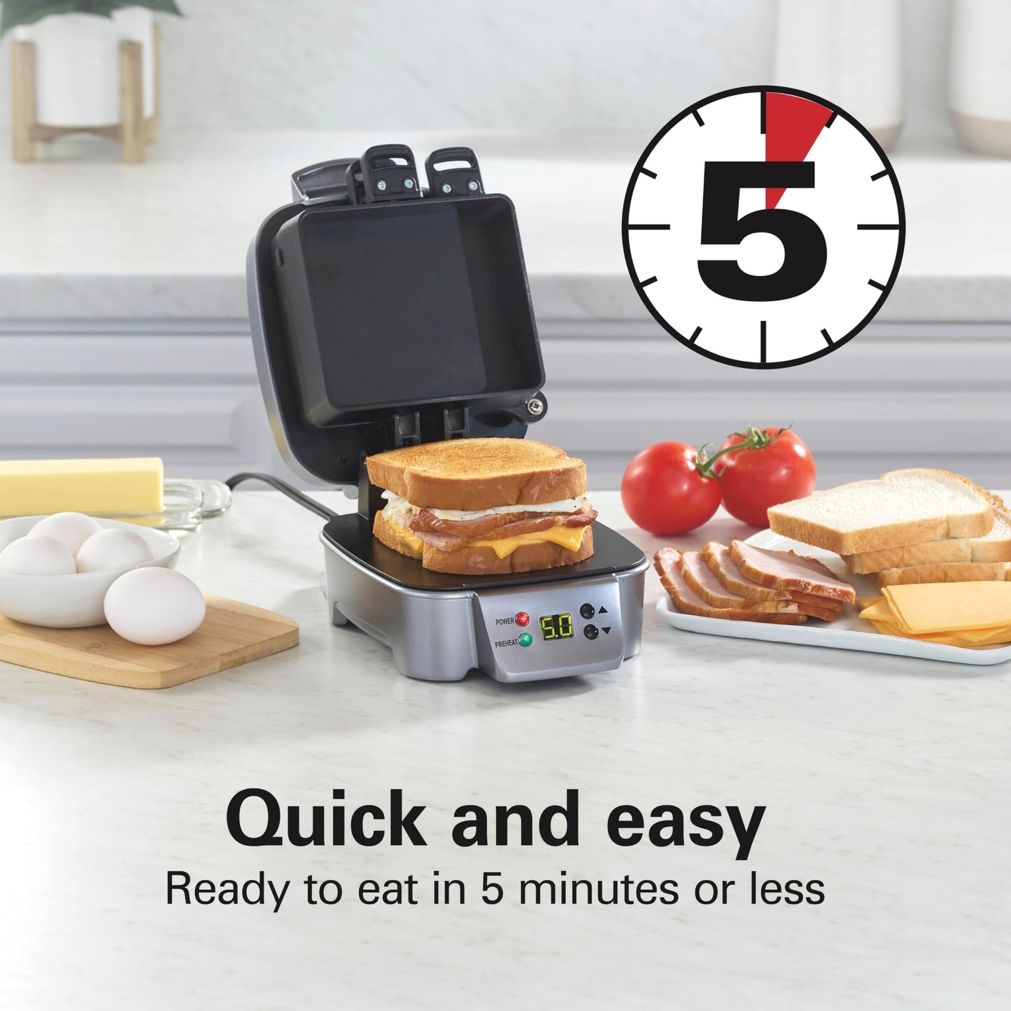 Hamilton Beach Sandwich Stacker Customizable Hot Sandwich Maker, 24 Sq. In. Non-Stick PFAS-Free Cooking Surfaces, Built-In Timer, Compact, Dishwasher-Safe, Silver (25471)