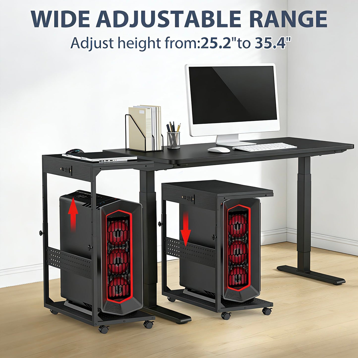 Adjustable Computer Tower Stand with Charge Station,Heavy-Duty Rolling PC Stand, CPU Tower Cart with Wheels for ATX Gaming Computer,Under Desk Holder,Black
