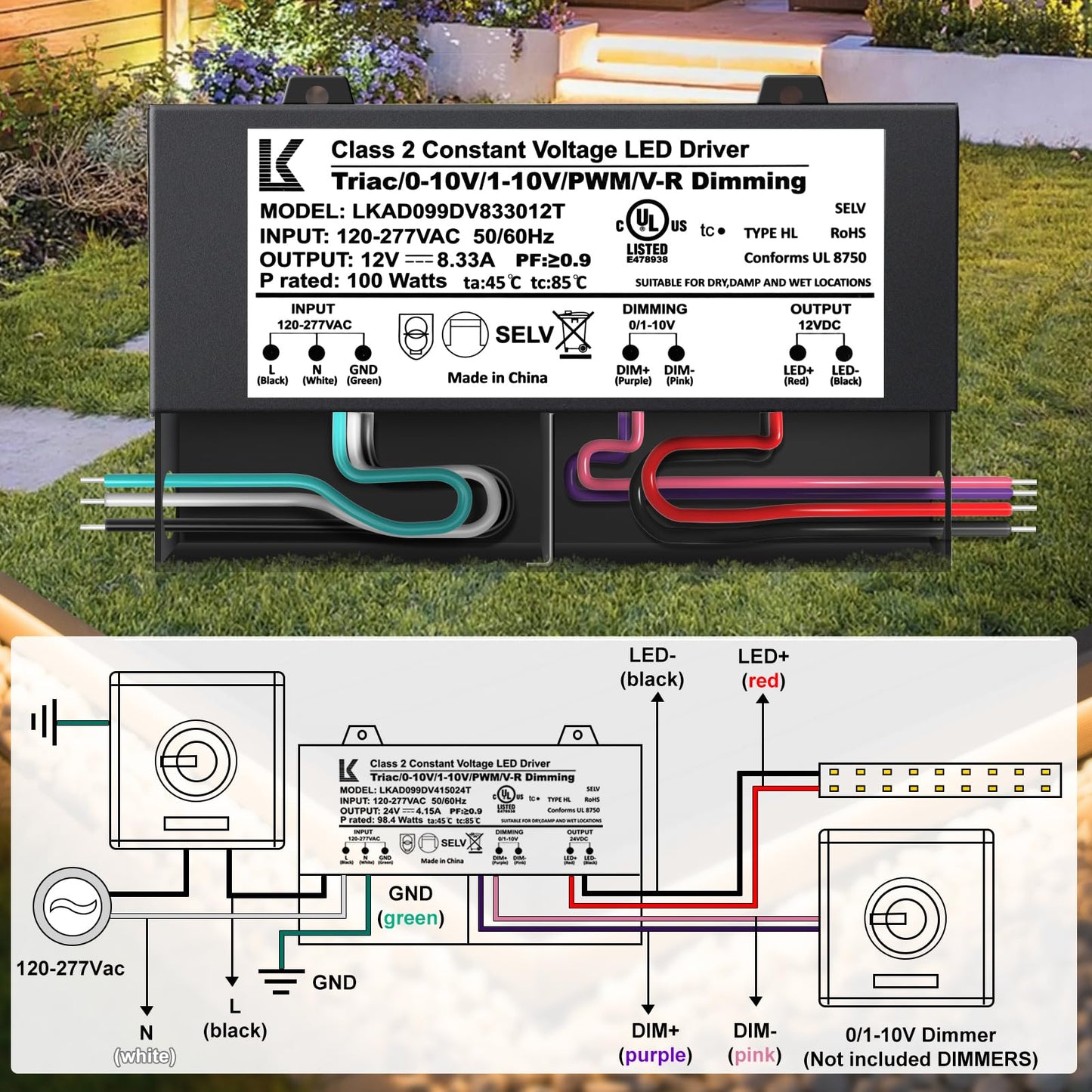 12V 100W Dimmable LED Driver, 5-in-1 Triac/ELV/MLV/0-10V/1-10V/PWM/V-R Dimming AC to DC Power Supply, IP67 Waterproof LED Transformer, UL Listed, Compatible with Lutron & Leviton Dimmer