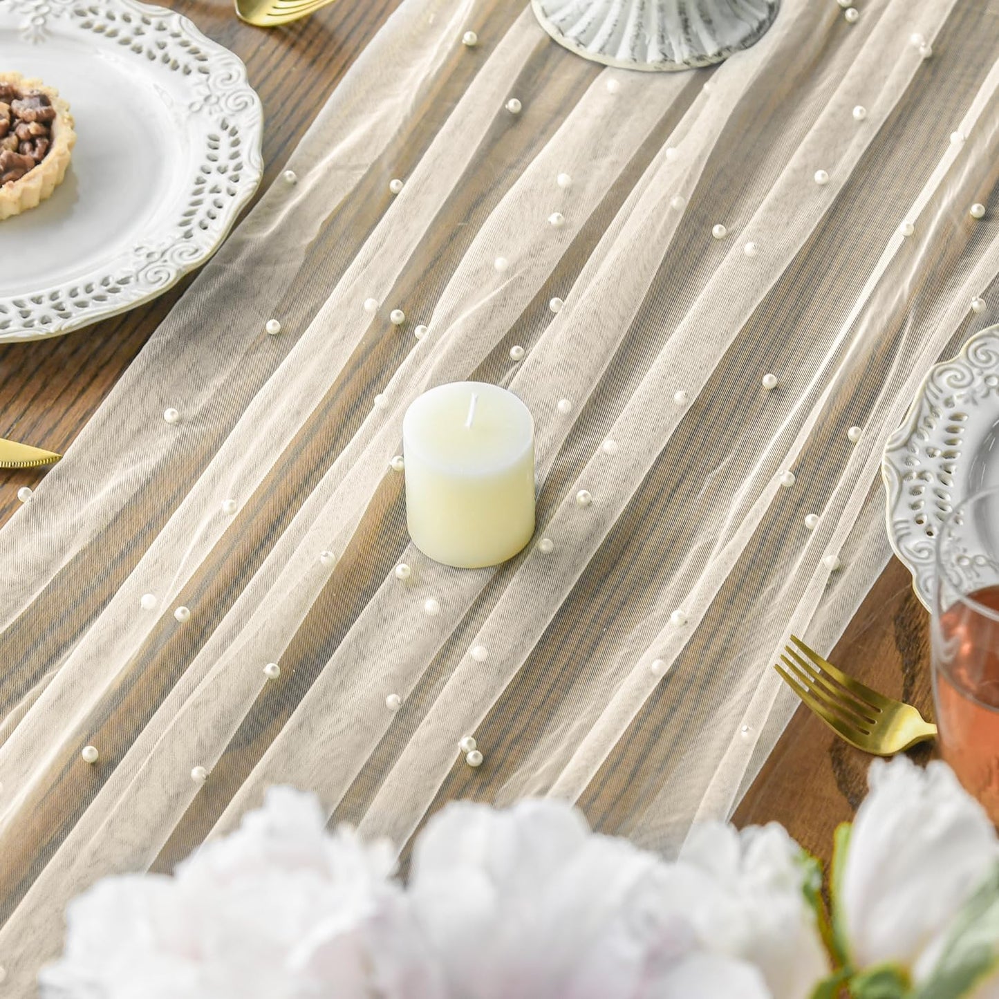 Artoid Mode 6PCS Pearl Beige Gauze Table Runner 120 Inch 10FT, Seasonal Sheer Dining Holiday Wedding Birthday Baby Shower Table Decor for Home Party