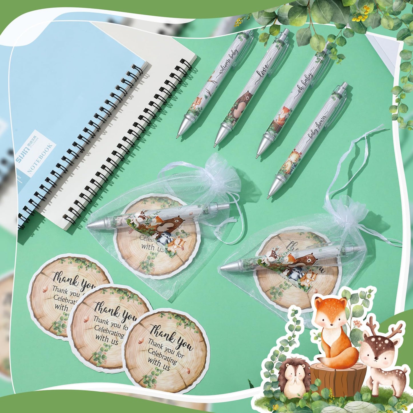 Chuangdi 50 Sets Baby Shower Favors Gifts for Guests Includes 50 Pcs Ballpoint Pens, Thank You Cards and Organza Bags(Woodland Animal)