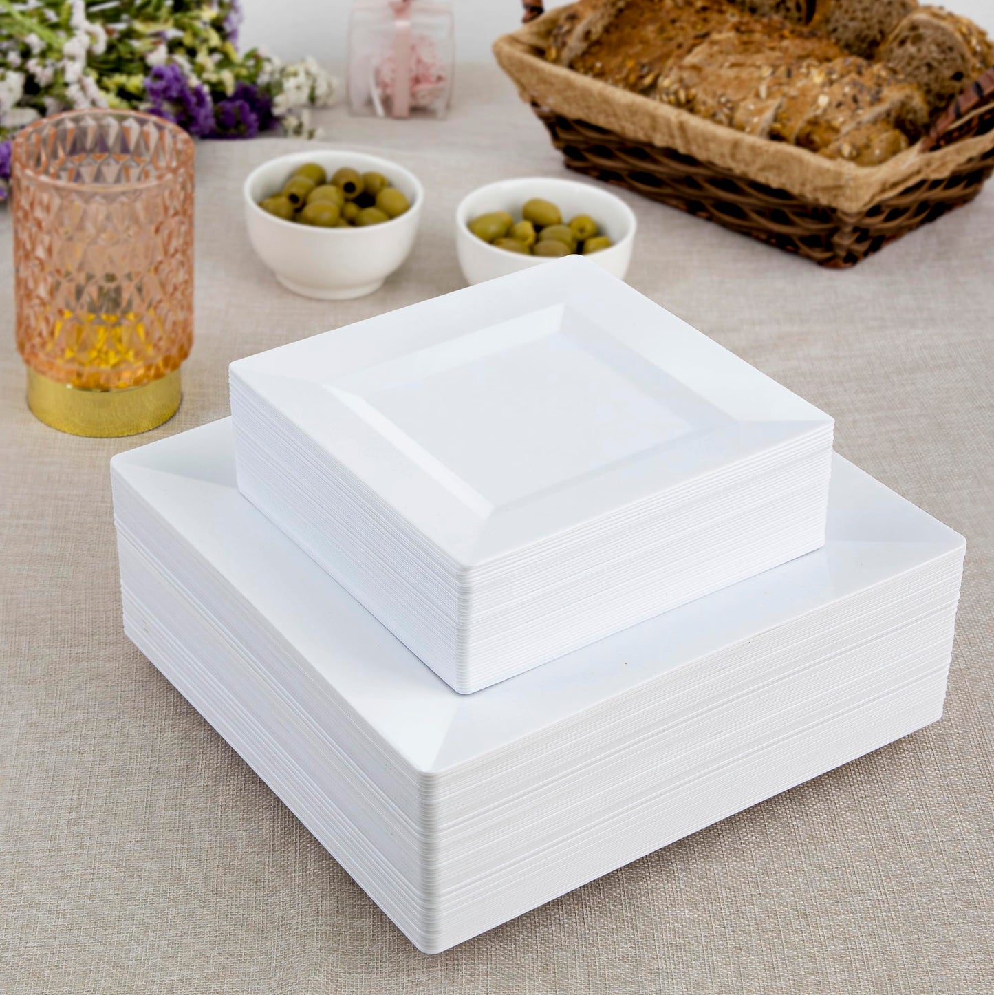 SETUP 100-Piece White Square Plastic Dinnerware Set – 50 9.5" Dinner & 50 6.5" Salad Plates – Heavy-Duty Disposable for Weddings, Catering, Parties