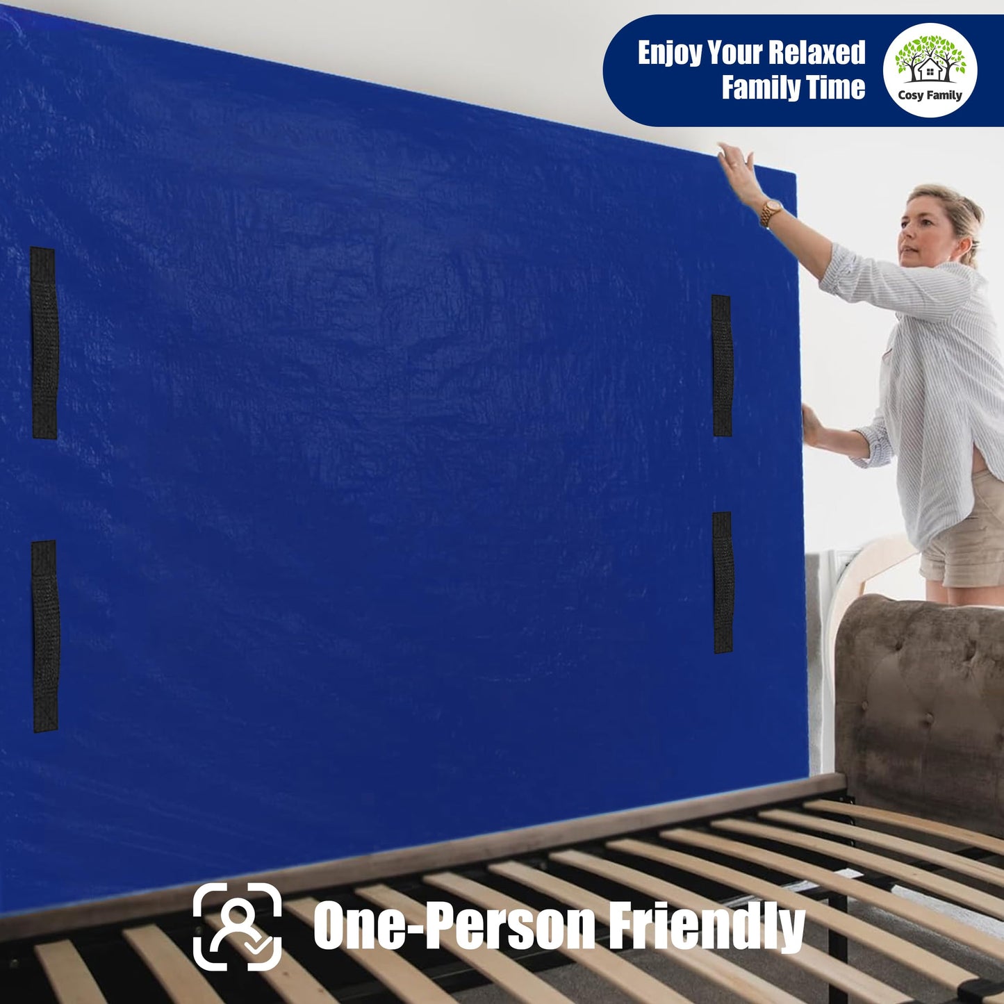 Cosy Family Mattress Bags for Moving with 8 Handles - 170GSM Extra-Thick Mattress Bag for Moving Supplies - Reusable Mattress Cover Protector Storage with Zipper, Blue, Queen-(Pack of 2)