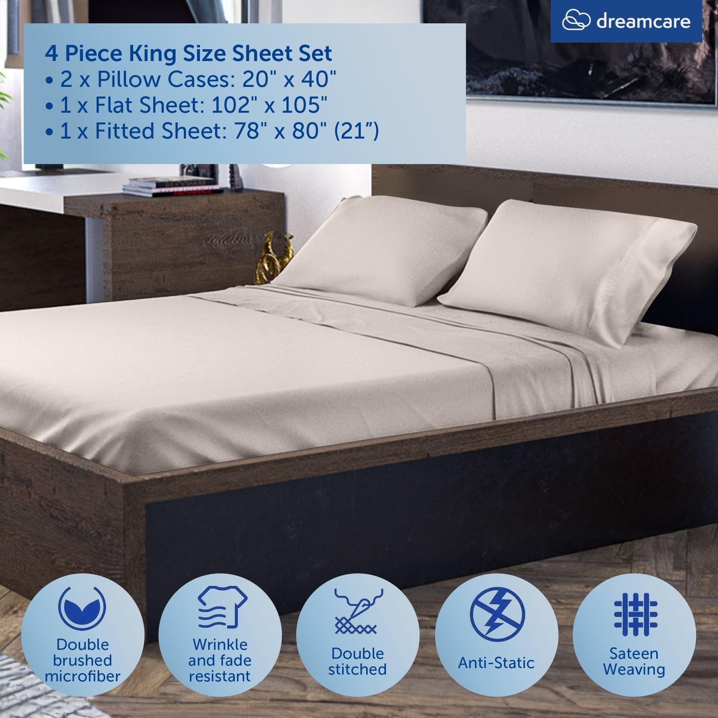 DREAMCARE King Size Sheets Set – 4 pcs Cooling Sheets – up to 21” Deep Pocket King Sheet Set – Hotel Luxury Sheets & Pillowcases – Superior Softness 100% Microfiber with Side Pocket - Beige
