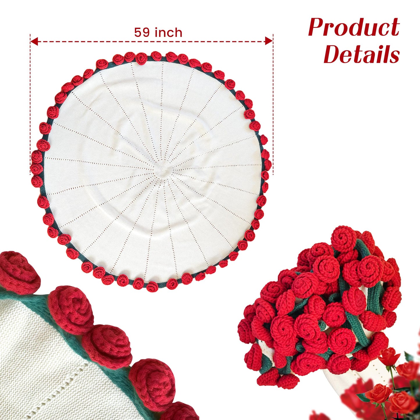 Finished Flower Bouquet Blanket, Handmade Crochet Flower Blanket, Soft Knitted Throw Rose Blankets, Romantic Gift for Birthday Wedding Valentine’s Day Mother's Day Christmas (Rose, 59 inch)
