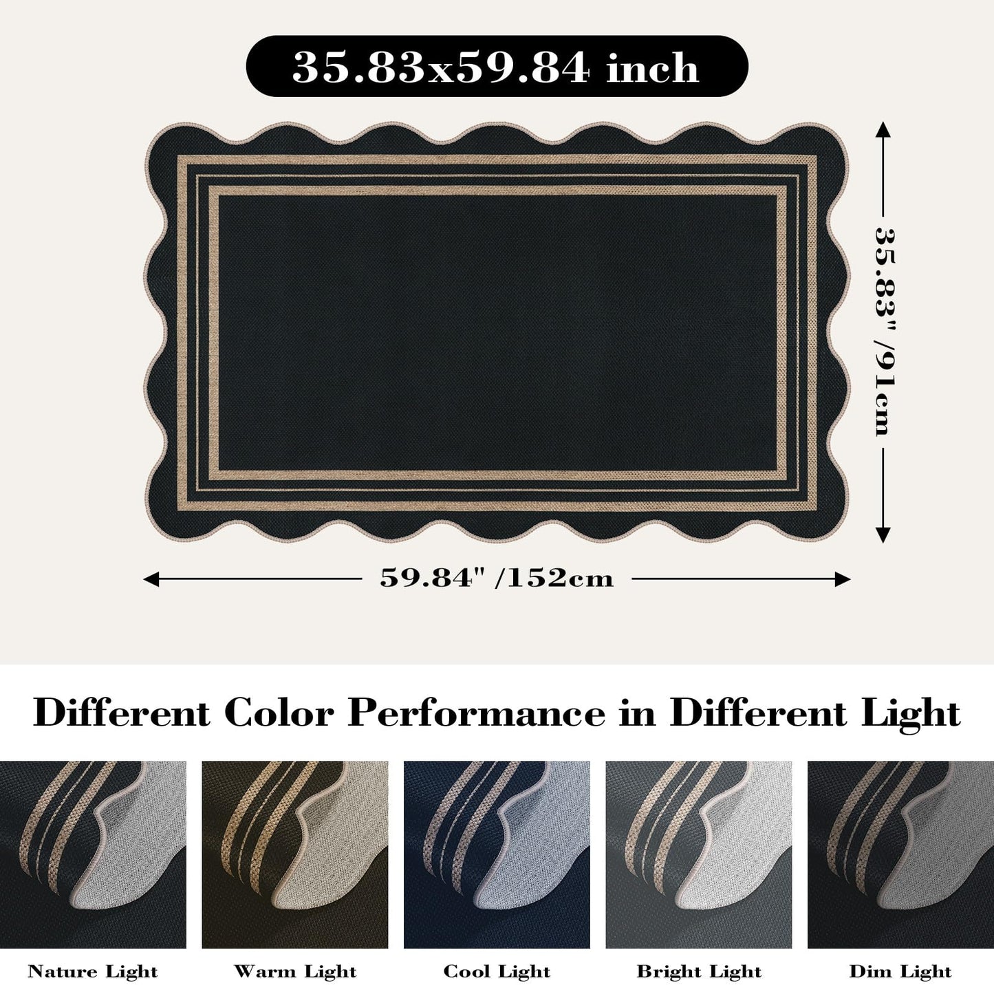 LORWER Scalloped Easy Jute 3x5 Outdoor Rug, Washable Rugs for Entryway Black Front Door Mat, Farmhouse Neutral Non Slip Indoor Carpet for Patio Living Room Backyard