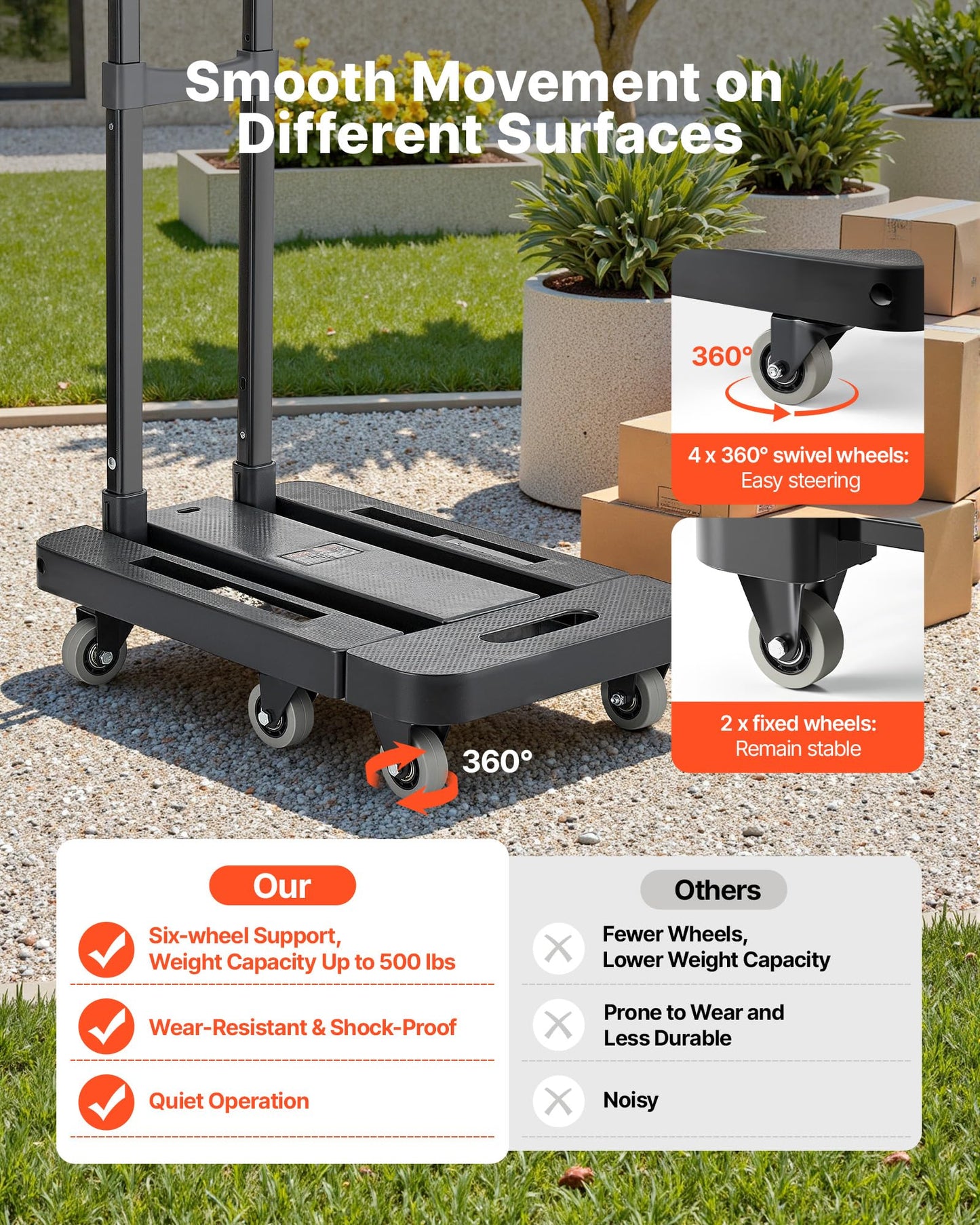 VEVOR Folding Hand Truck, 500 lbs Load Capacity, Collapsible Luggage Cart with 6 Wheels, 2 Elastic Ropes & Expandable Base, Utility Dolly Platform Cart for Airport Travel Luggage Office Moving, Black