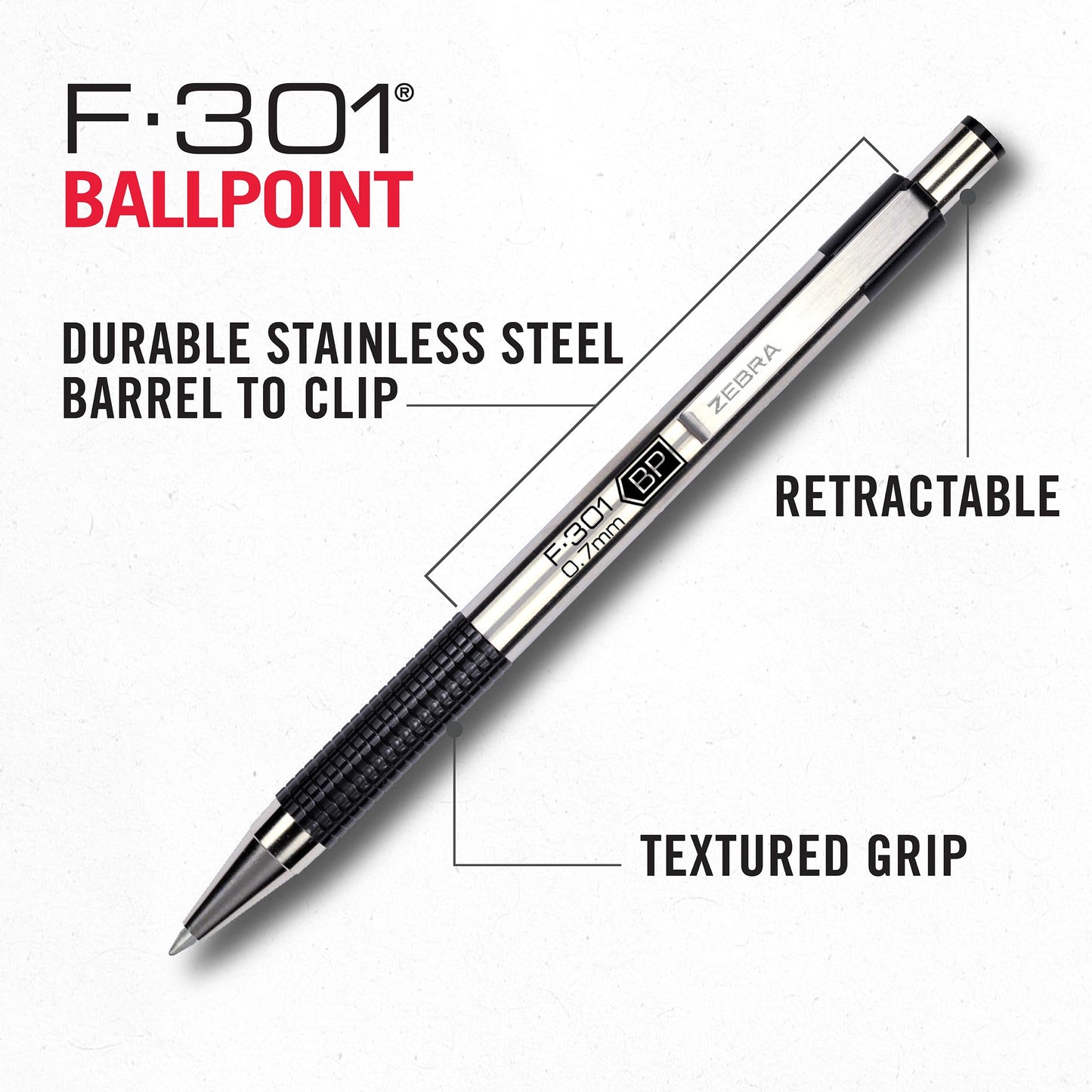 Zebra Pen F-301 Ballpoint Black Ink Fine Point 0.7mm Pen, Easy-Glide Ink, Stainless Steel Retractable, Non-Slip Grip, Professional Design, Ideal for Office, Journal and Planner Use, 18-Pack (27118)