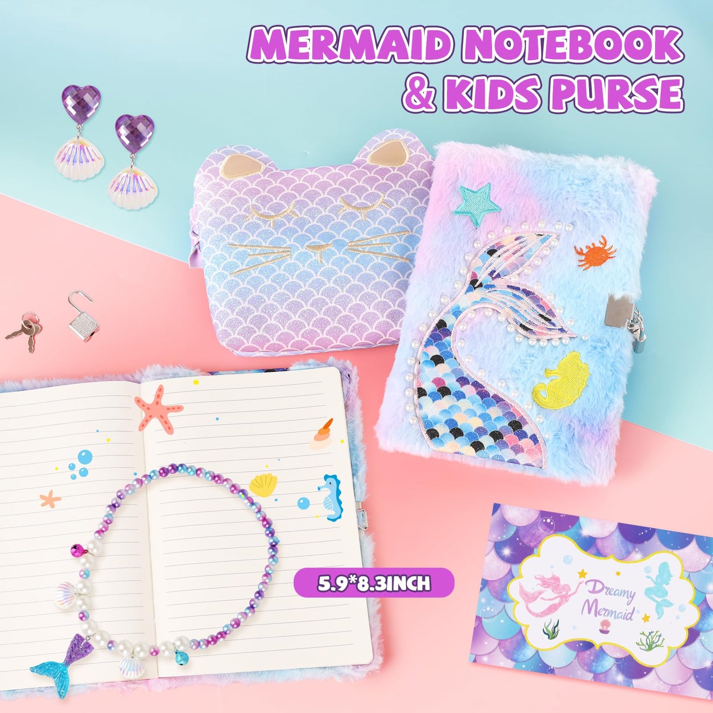 Mermaid Gifts for Girls 4-10 Year Old, 8Pc Gift Box with Mermaid Tail Blanket, Jewelry, Kids Purse, water bottle & Notebook, Birthday Toys for 4-6 8-10 Year Old Girl, Safe Non-Toxic Stationery Set