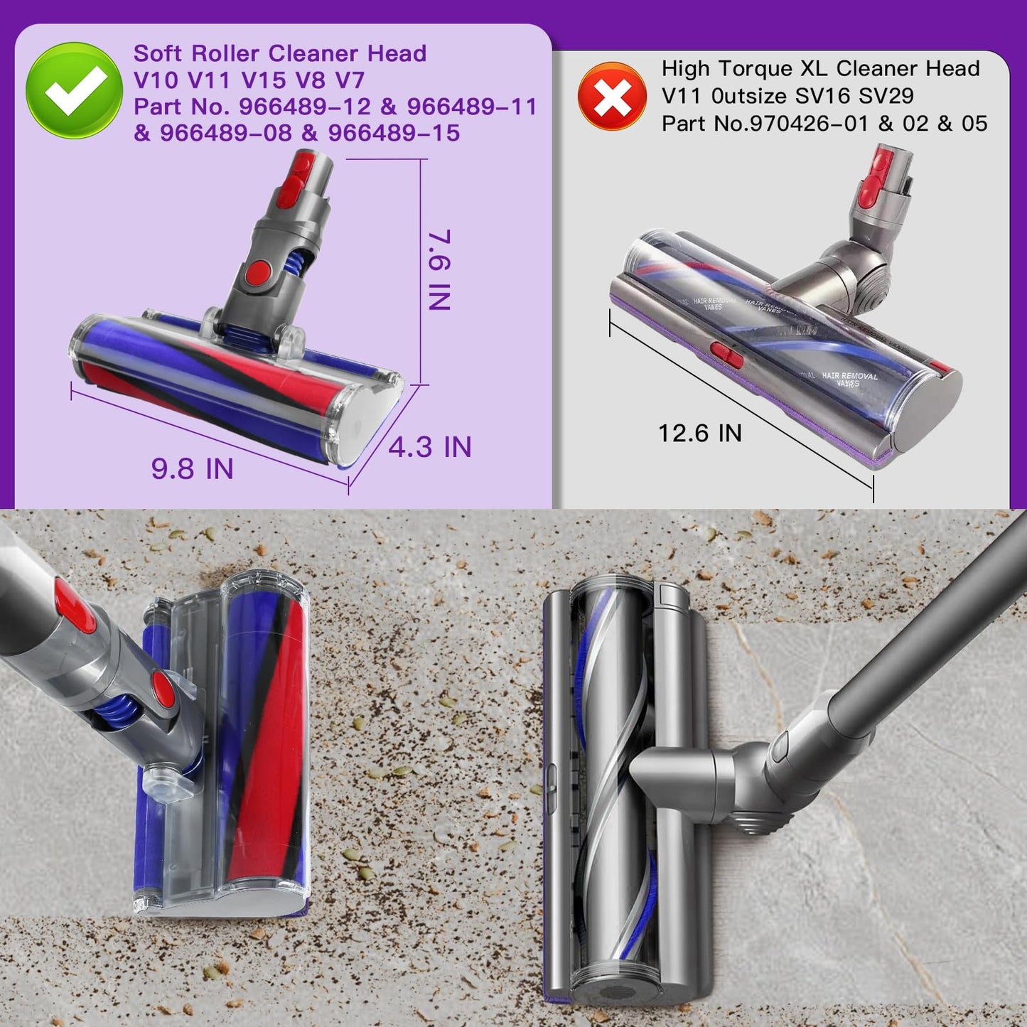 Lemige Soft Roller Cleaner Head Replacement for Dyson V10 V11 V15 V8 V7 Cordless Vacuum Cleaners, Quick Release Vacuum Head Replacement Attachments Parts Accessories for Dyson, Gentle on Hard Floors