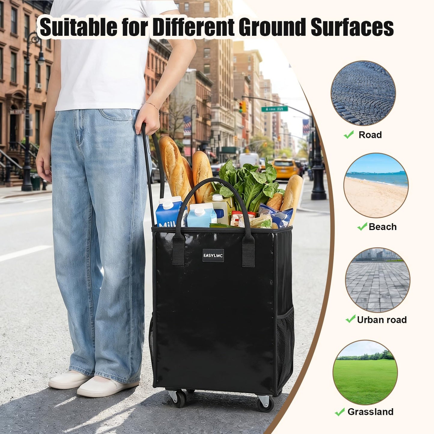 Reusable Hauler Rolling Tote Bag, Collapsible Portable Shopping Cart with Wheels for Groceries, Apartments Laundry, Organization , Heavy Duty Utility Tote, Basket with Wheels, Travel and Moving, 75lbs