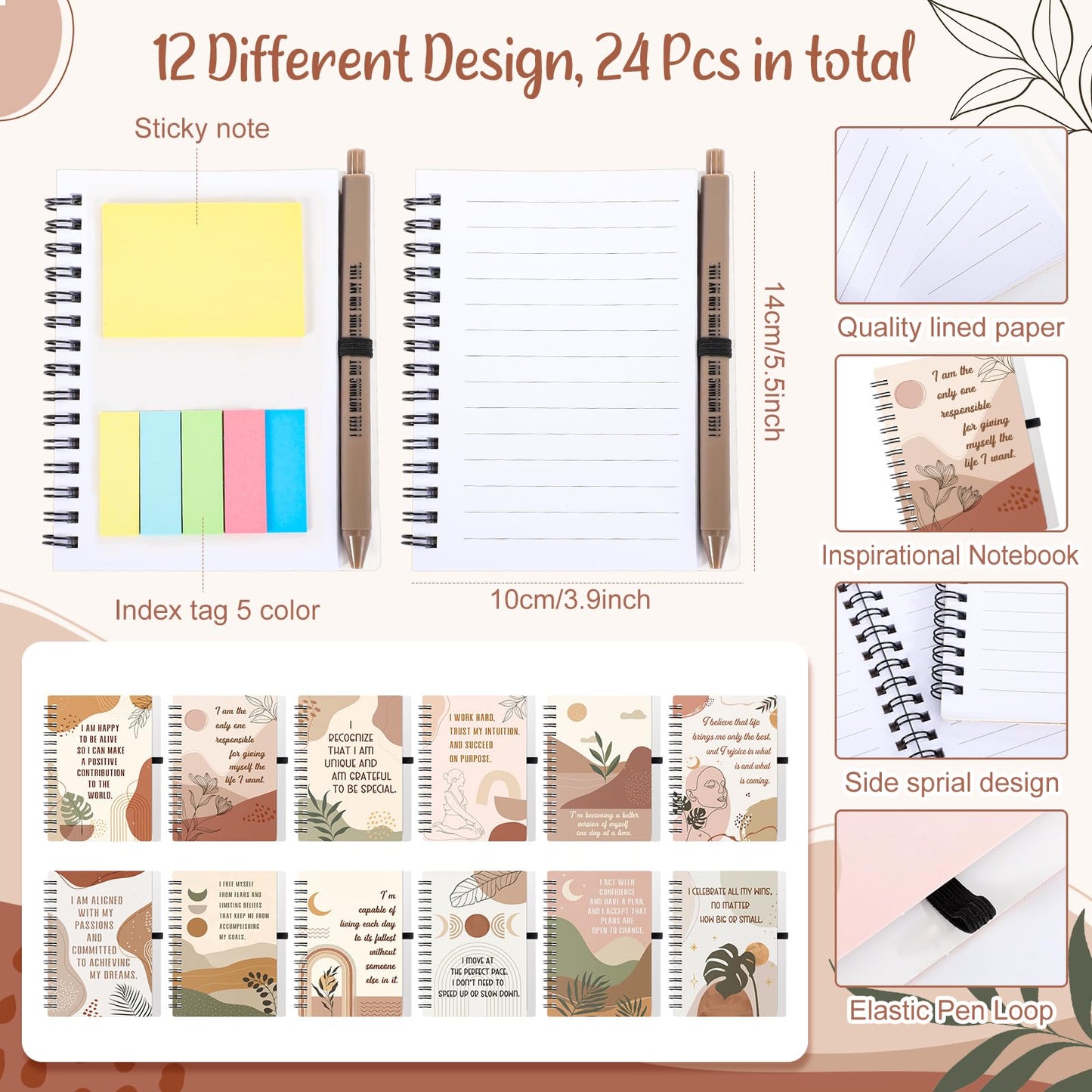 Kosiz 48 Pcs/24 Set Positive Affirmation Gifts for Women Bulk Gratitude Spiral Notebook Journals with Pens Self Care Mental Health Gifts Employee Coworker Teacher Nurse Volunteer Mothers Day (Boho)
