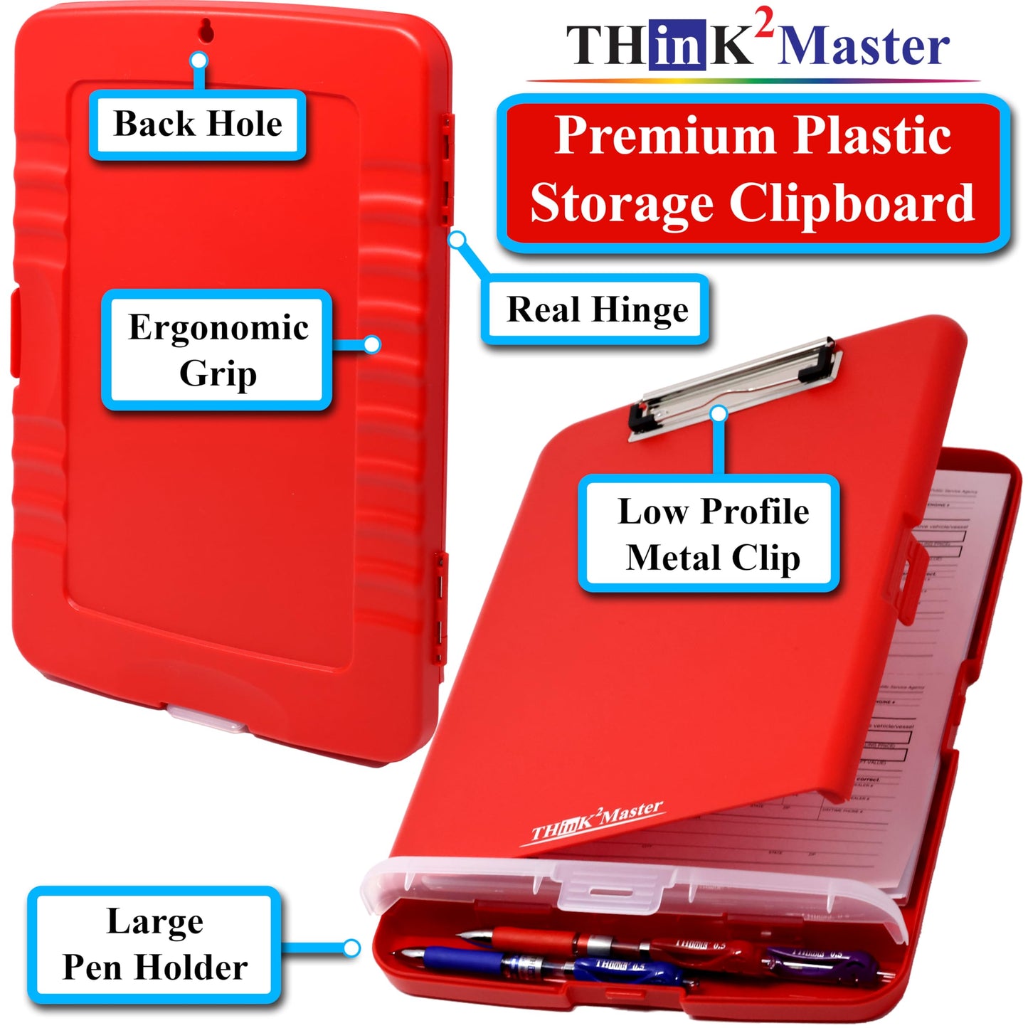 Think2Master [3 Pack] Red Plastic Storage Clipboard with Pencil Holder. | 25% Heavier & 25% Sturdier| Heavy Duty. Nursing, Teacher & Classroom Must Have.