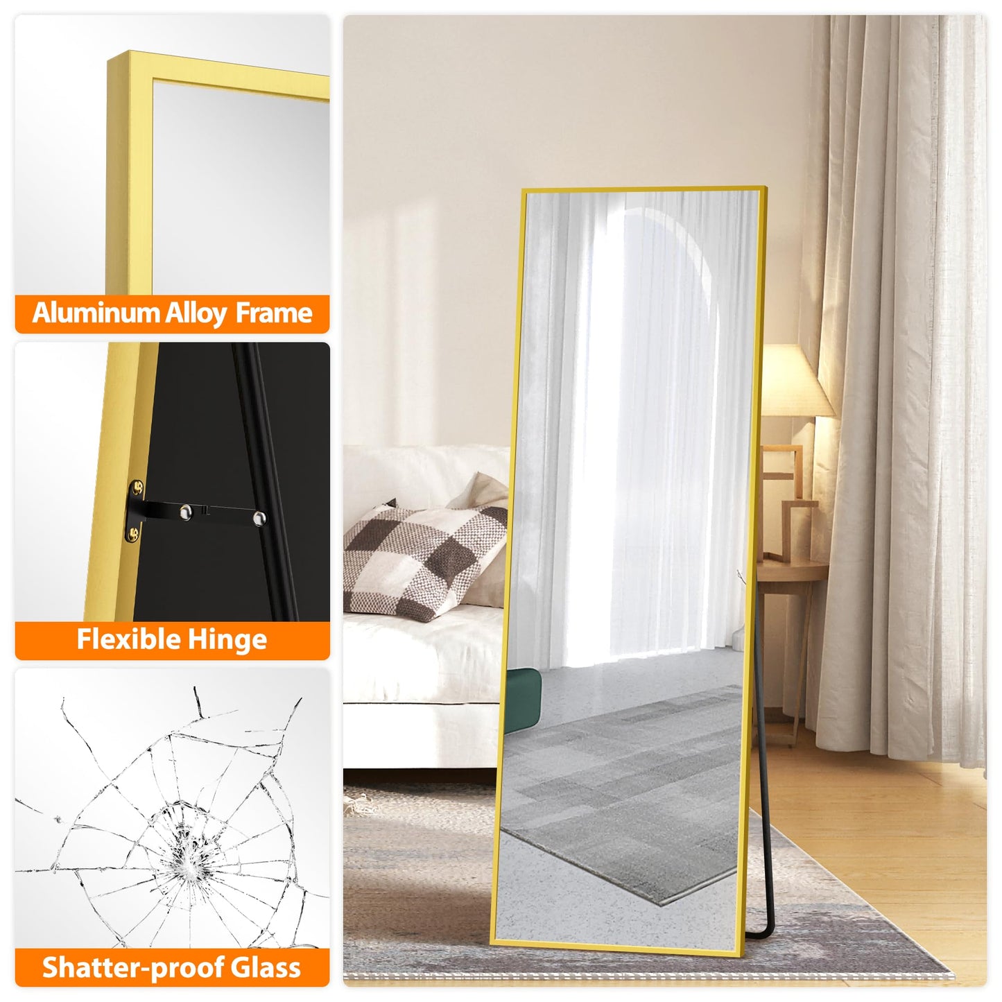 TRAHOME Standing Mirror Full Length Mirror,15" x 56" Large Floor Mirror with Aluminium Frame for Door Bedroom Bathroom Living Room(Gold)