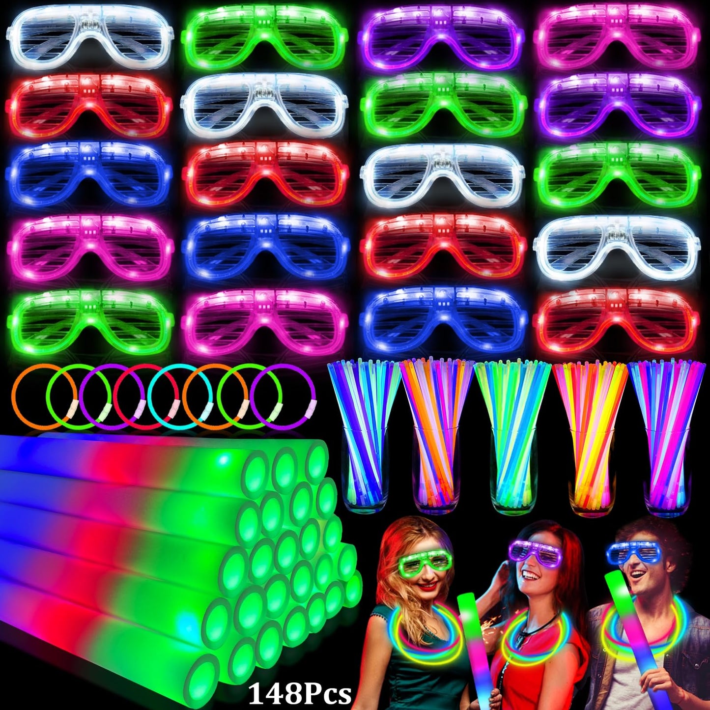 148 PCS Glow in the Dark Party Supplies- 24 Pcs 16" Foam Glow Sticks, 24 Pcs LED Glasses, 100Pcs Glow Sticks Necklaces Bracelets Light Up Party Favors Pool Party Wedding Concert 4th of July Patriotic