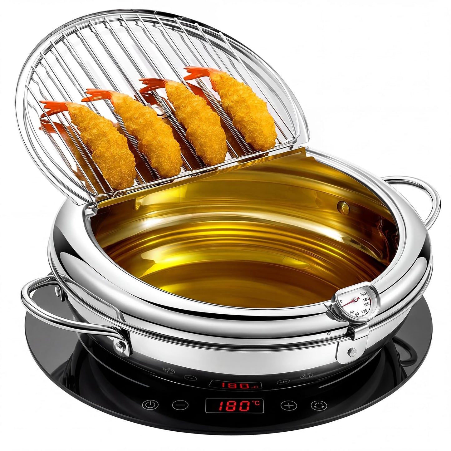 Reallnaive 4.4 Qt (4.2 L) Deep Fryer Pot 304 Stainless Steel Tempura Frying Pot with Lid and Oil Drain Rack Japanese Deep Fryer Pan with Temperature Control for Kitchen French Fries, Chicken