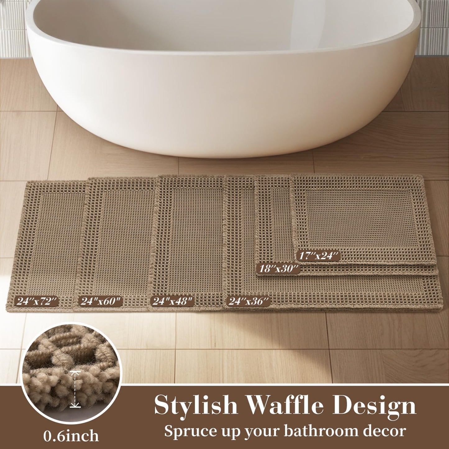 RESARE Waffle Bathroom Runner Rugs, Super Absorbent Bath Mat Non Slip Washable Quick Dry, Upgraded Ultra Soft Boho Bath Rugs with Tassels, Farmhouse Home Decor Accessories, 2'x5'(24"x60") Brown