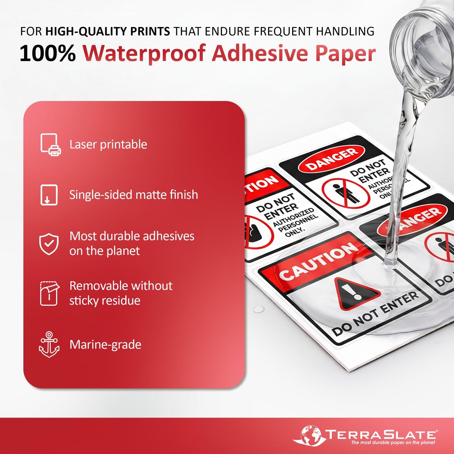 TerraSlate Waterproof Sticker Paper | 5 Mil Permanent Adhesive Labels | Printable Sticker Paper for Laser Printer, Copy Machine & Digital Press (Letter - 8.5" x 11", 25 Sheets)