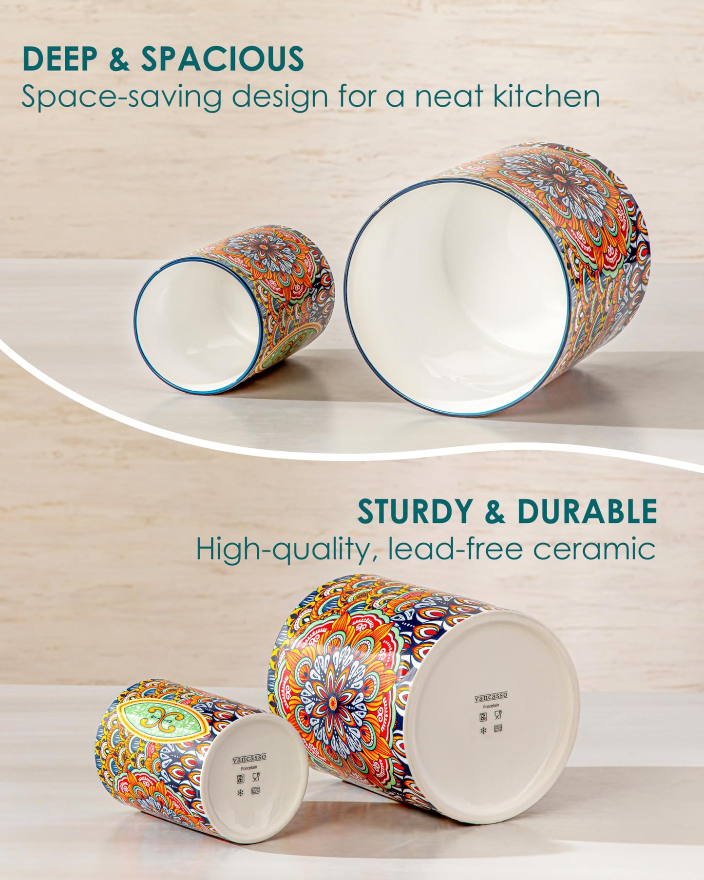 vancasso SIMI Utensil Holder, 7.3"+5.5" Porcelain Kitchen Utensil Holder for Countertop, Bohemian Kitchen Utensil Organizer for Spatulas, Spoons, Ladles, Decorative Counter Utensil Crock, Regal Bloom