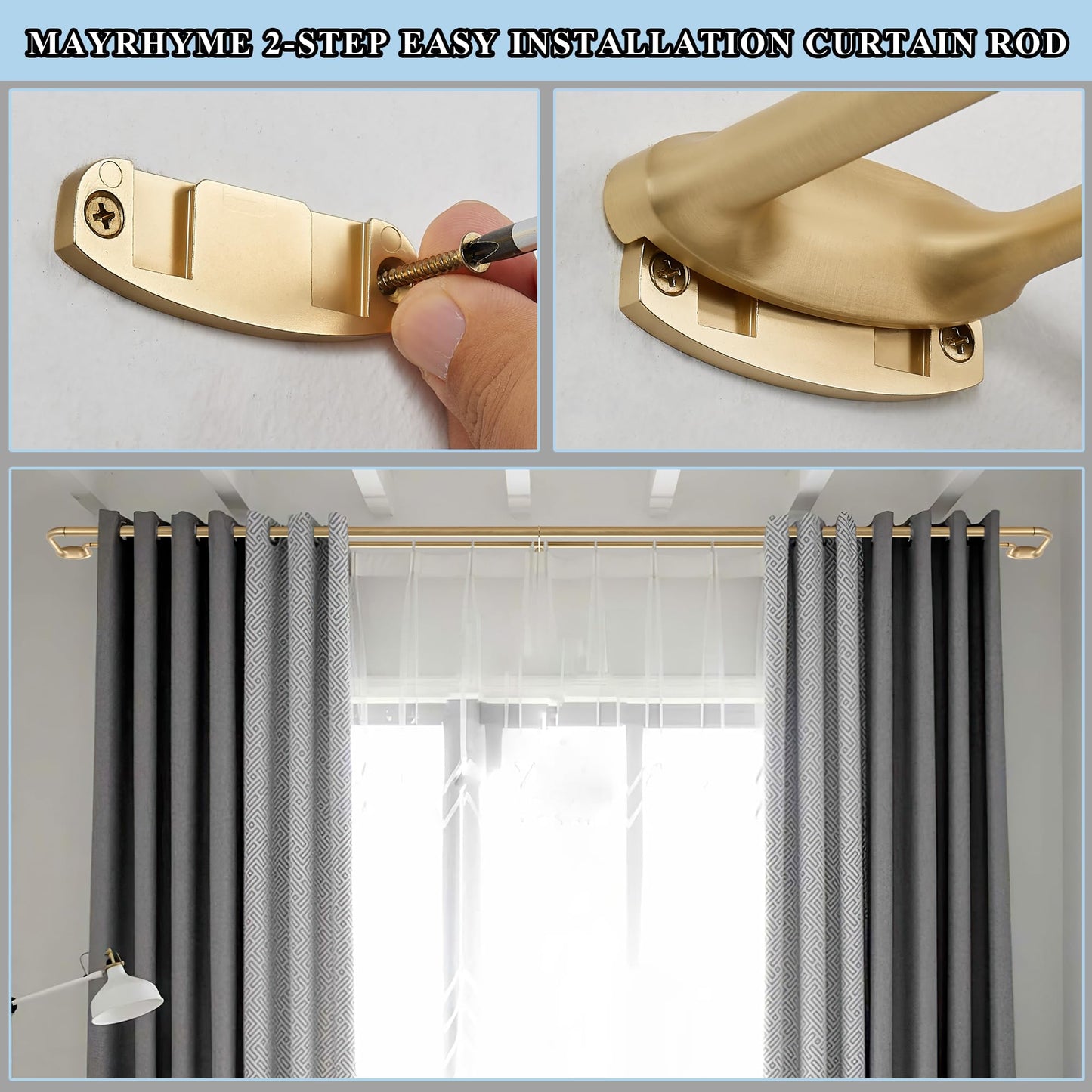 Mayrhyme Double Curtain Rods, Wrap Around Curtain Rod for Windows, Internal Splicing 1'' Front and 5/8'' Back Adjustable Curtain Rod with Aluminum Finials and Brackets (Warm Gold, 28-86")