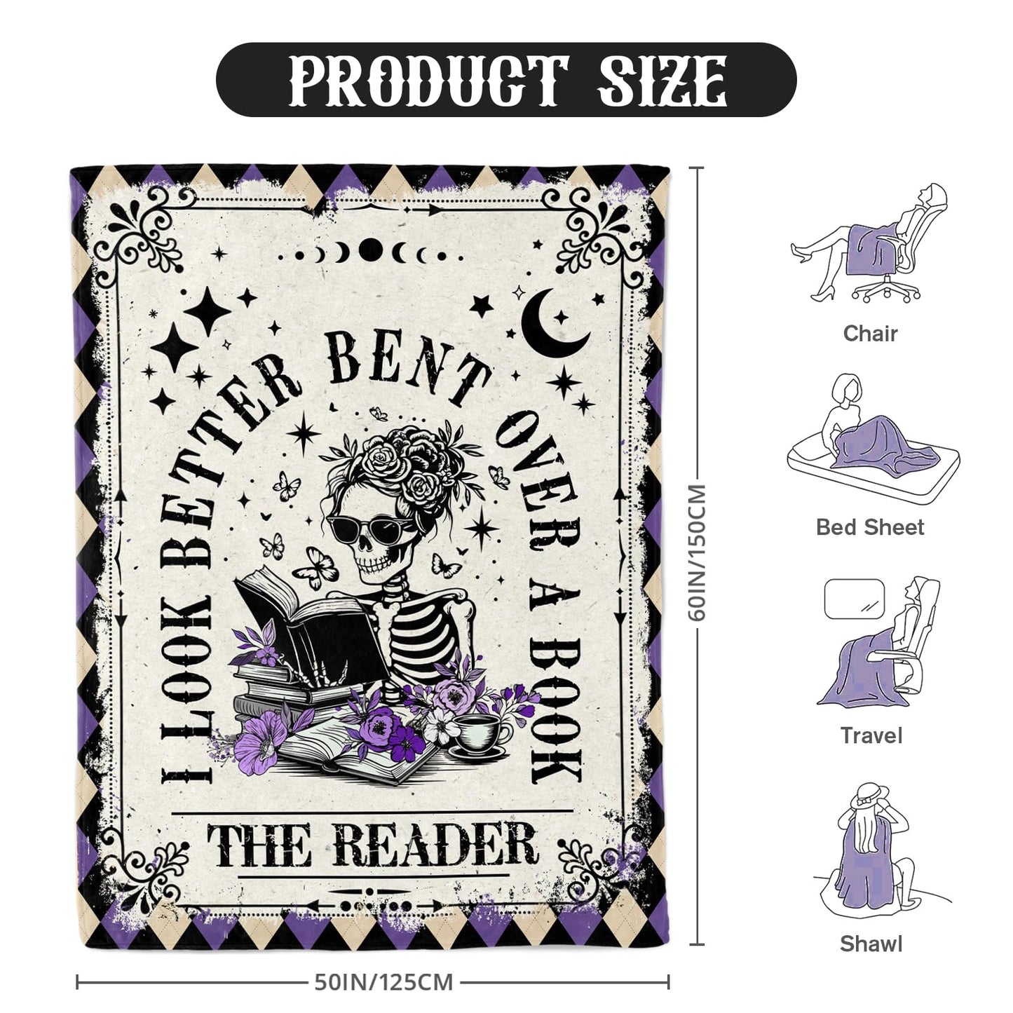 Book Lovers Gifts - Smutty Book Lover Gifts for Women - Skeleton Reading Blanket for The Reader - Bookworm Bookish Books Club Librarian Reading Gift - Gothic Spicy Blanket for Christmas Birthday 50x60