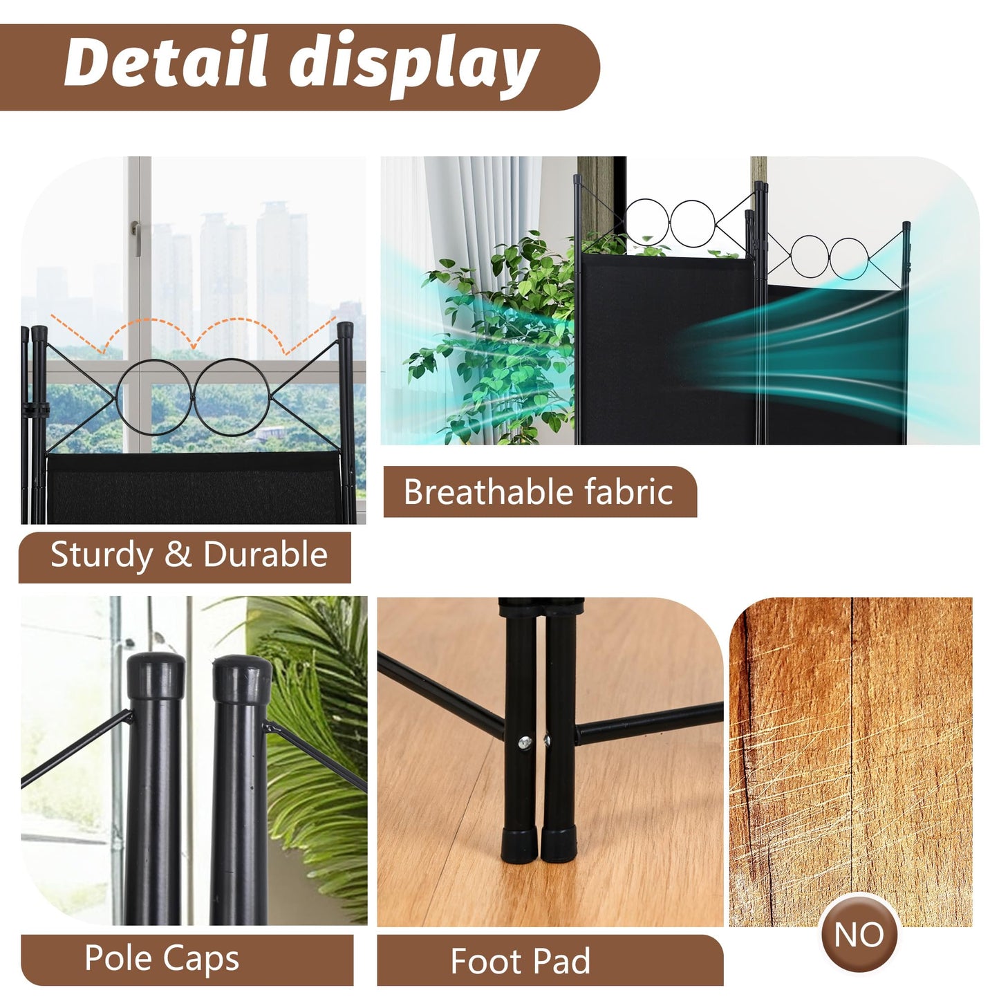 FDW 4 Panel Room Divider and Folding Portable Partition Screen, 6FT Wall Divider Screen for Dorm Bedroom Office, Coal Black