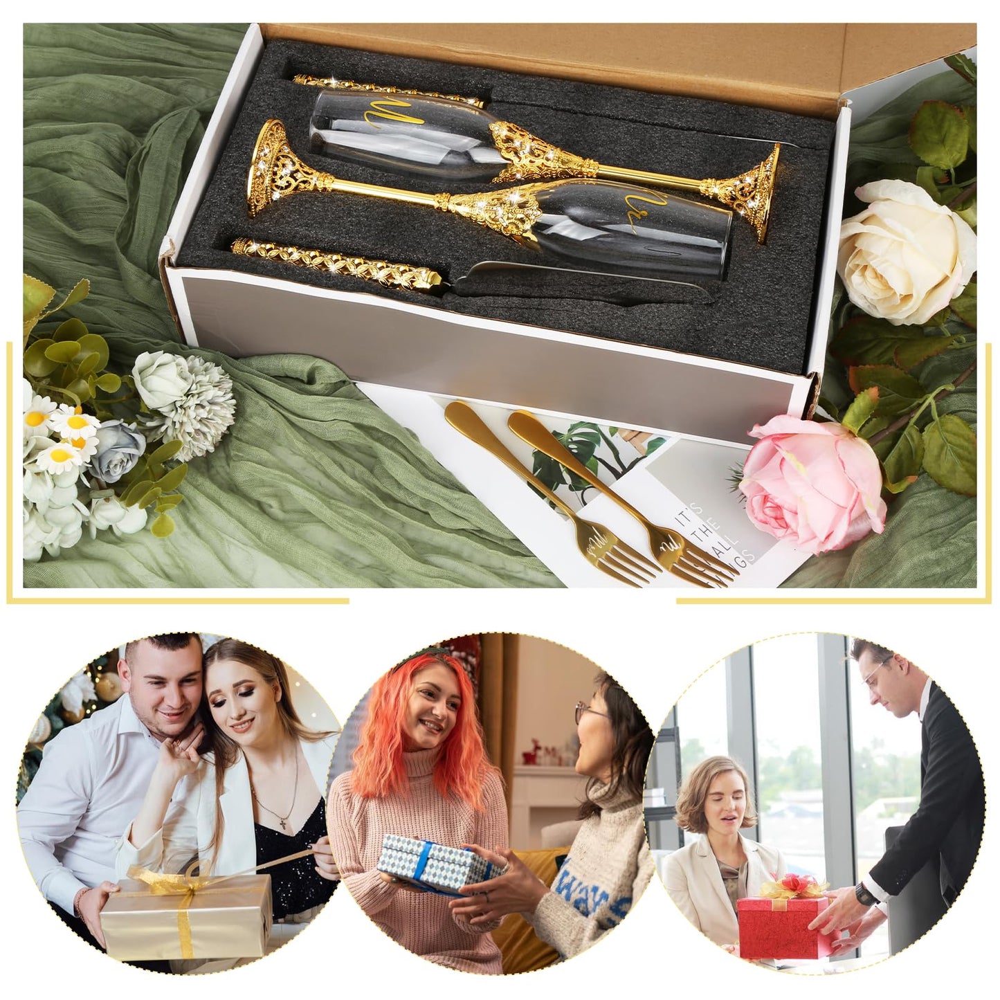 juciasouul 6 PCS Wedding Cake Knife and Champagne Flutes Server Set with Fork Mr and Mrs Champaign Flutes, Bride and Groom Champagne Glasses Crystal Rhinestone Wedding Toasting Glasses Parties