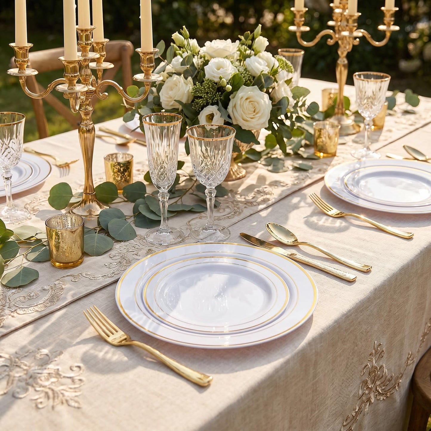 I00000 102 Pieces Gold Plastic Plates, Disposable Party Plates White Gold Rim, 51 Disposable Gold Dinner Plates 10.25 Inch and 51 Disposable Dessert Appetizer Elegant Fancy Wedding Plates 7.5 Inch
