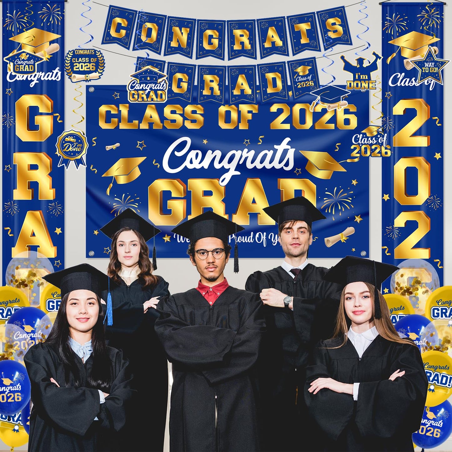 Graduation Decorations 2026 Blue and Gold Graduation Party Decor Set include Congrats Grad Banner Backdrop Class of 2026 Balloons Party Supplies