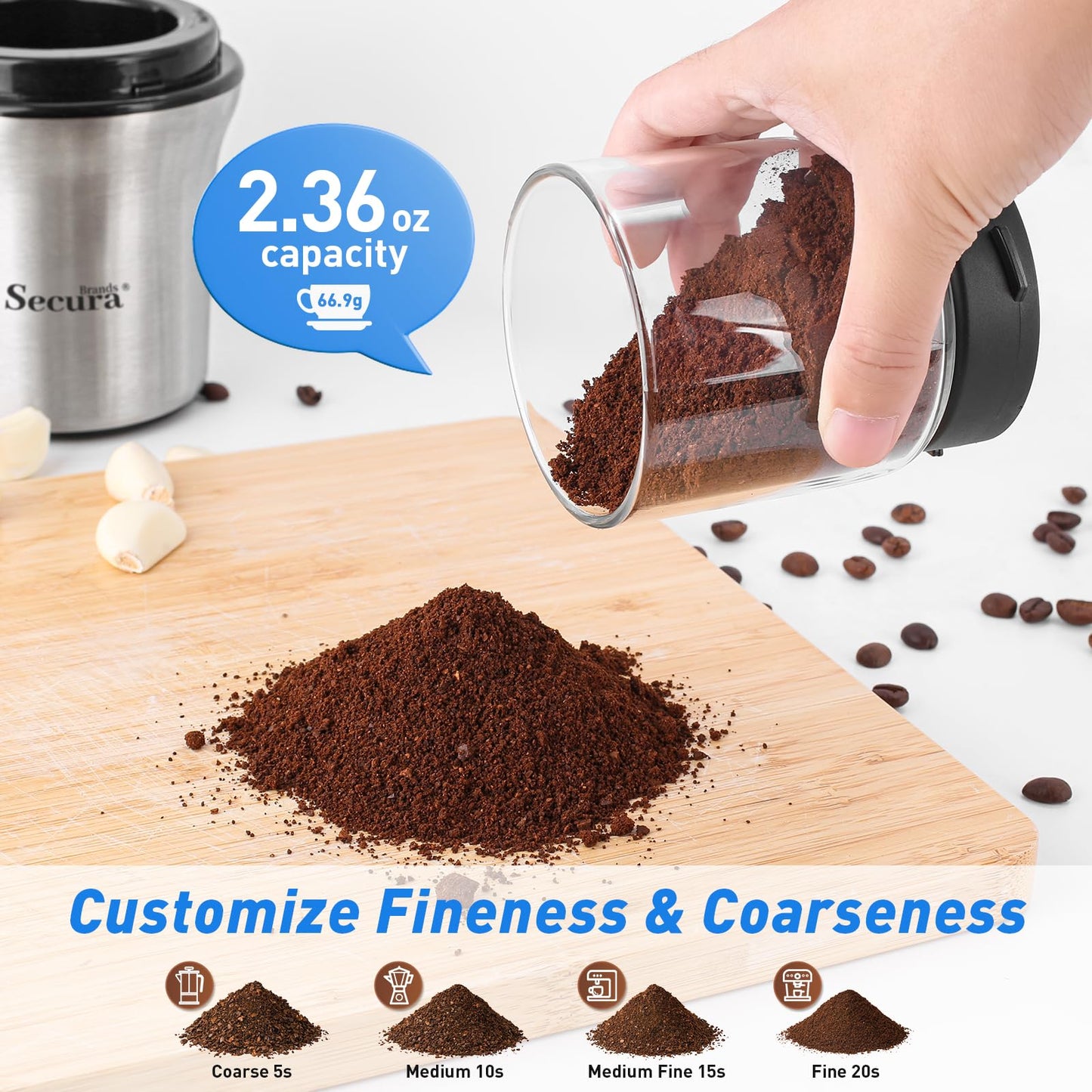 Secura Brands Coffee Grinder Electric Spice Herb Seeds Grinder with Two Glass Bowl, Dry and Wet Grinder