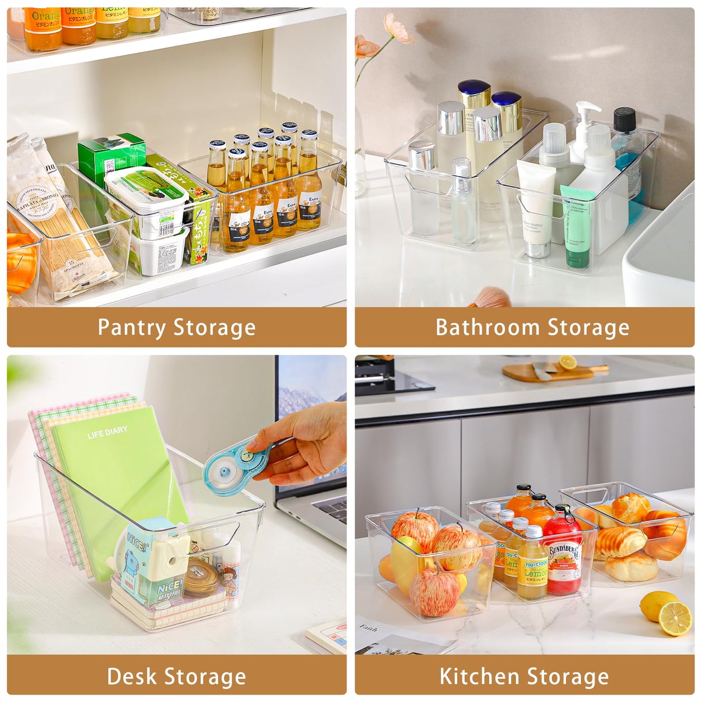 12 Pack Middle Organizers and Storage, Pantry Organization and Storage Bins, Cabinet Organizer, Clear Plastic Storage Containers with Handle，Acrylic Storage Bins for Cabinet, Fridge